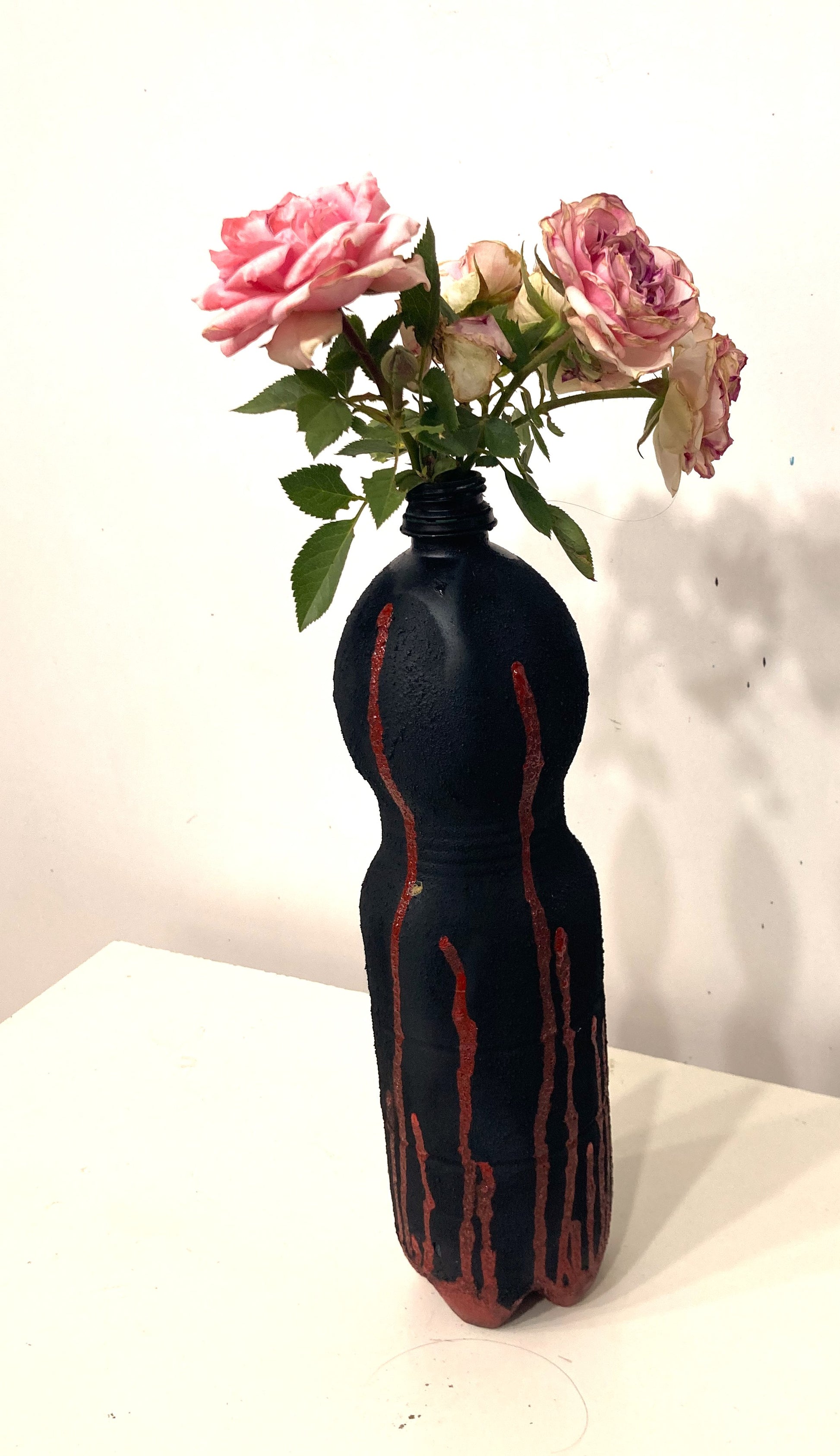 Vase for Dried Flowers Created out of a Recycled Plastic Bottle (Wasp waist line) [Recycled Art]. Right Lateral view