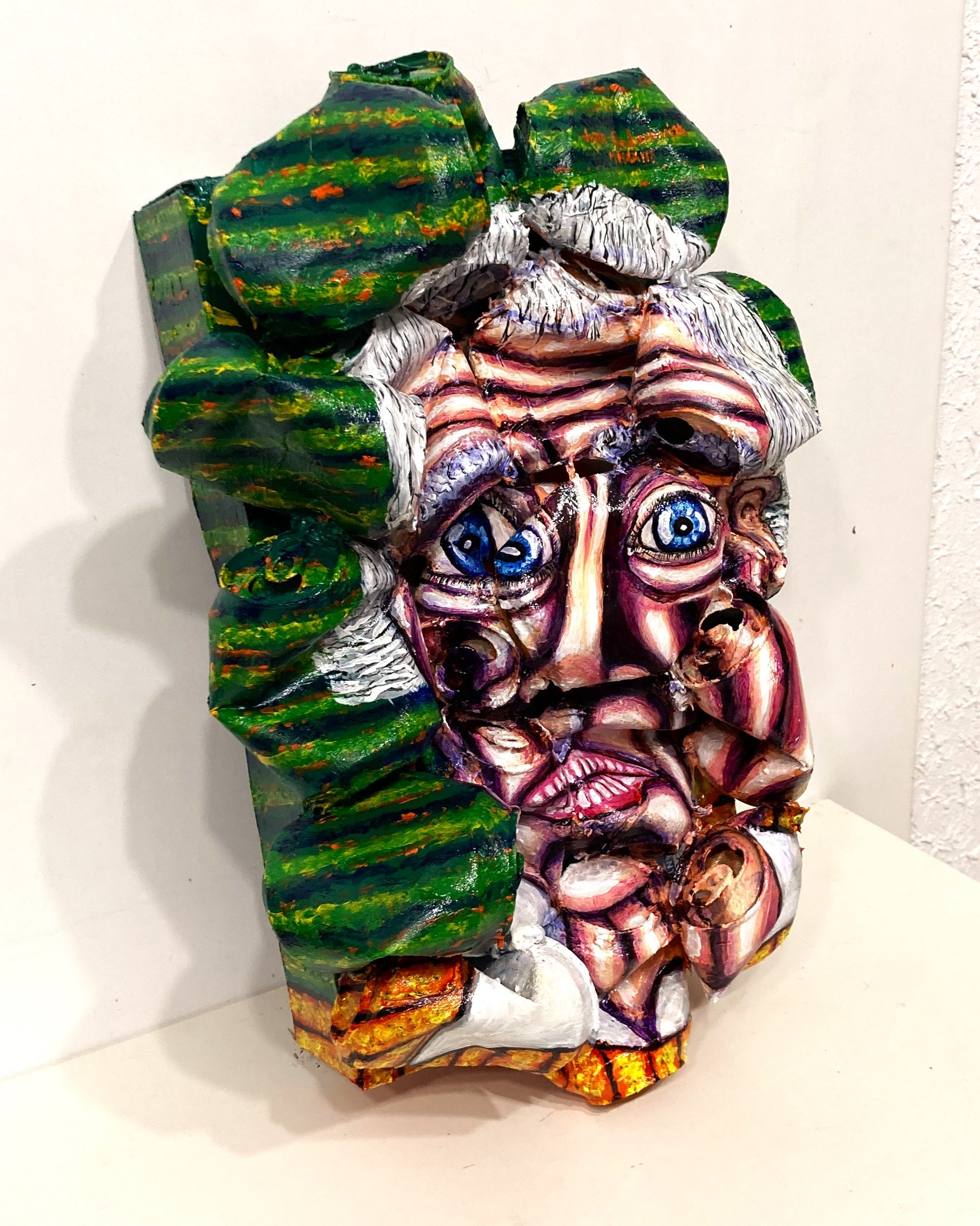 3D Portrait of Composer Gyorgy Ligeti . Acrylic Painting  on Recycled Beer Cans [Recycled Art]. Ivan Fyodorovich. Medium right lateral view