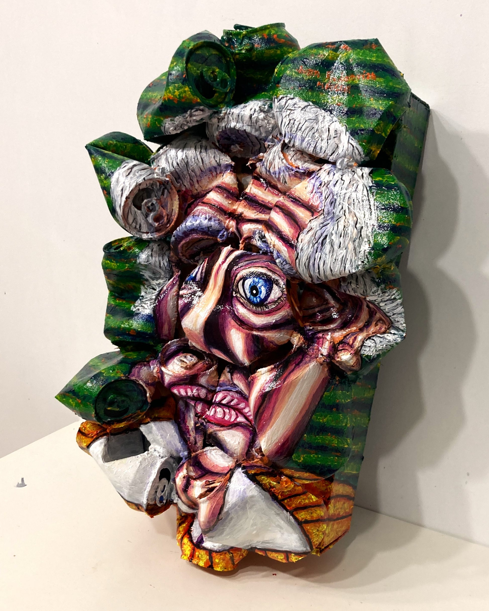 3D Portrait of Composer Gyorgy Ligeti . Acrylic Painting  on Recycled Beer Cans [Recycled Art]. Ivan Fyodorovich. Medium left lateral view