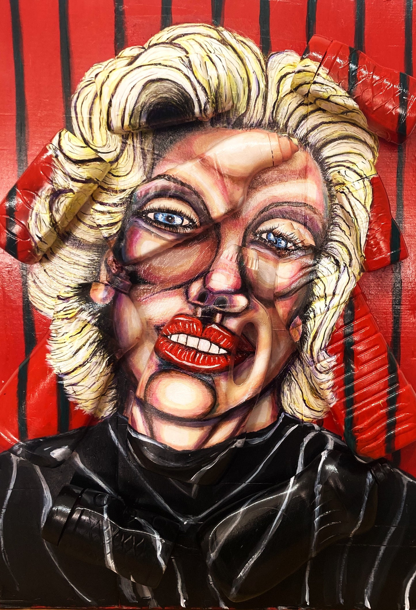 3D Portrait of Marilyn Monroe. Acrylic Painting  on Cardboard and various washing products plastic bottles [Recycled Art]. Ivan Fyodorovich. Front view