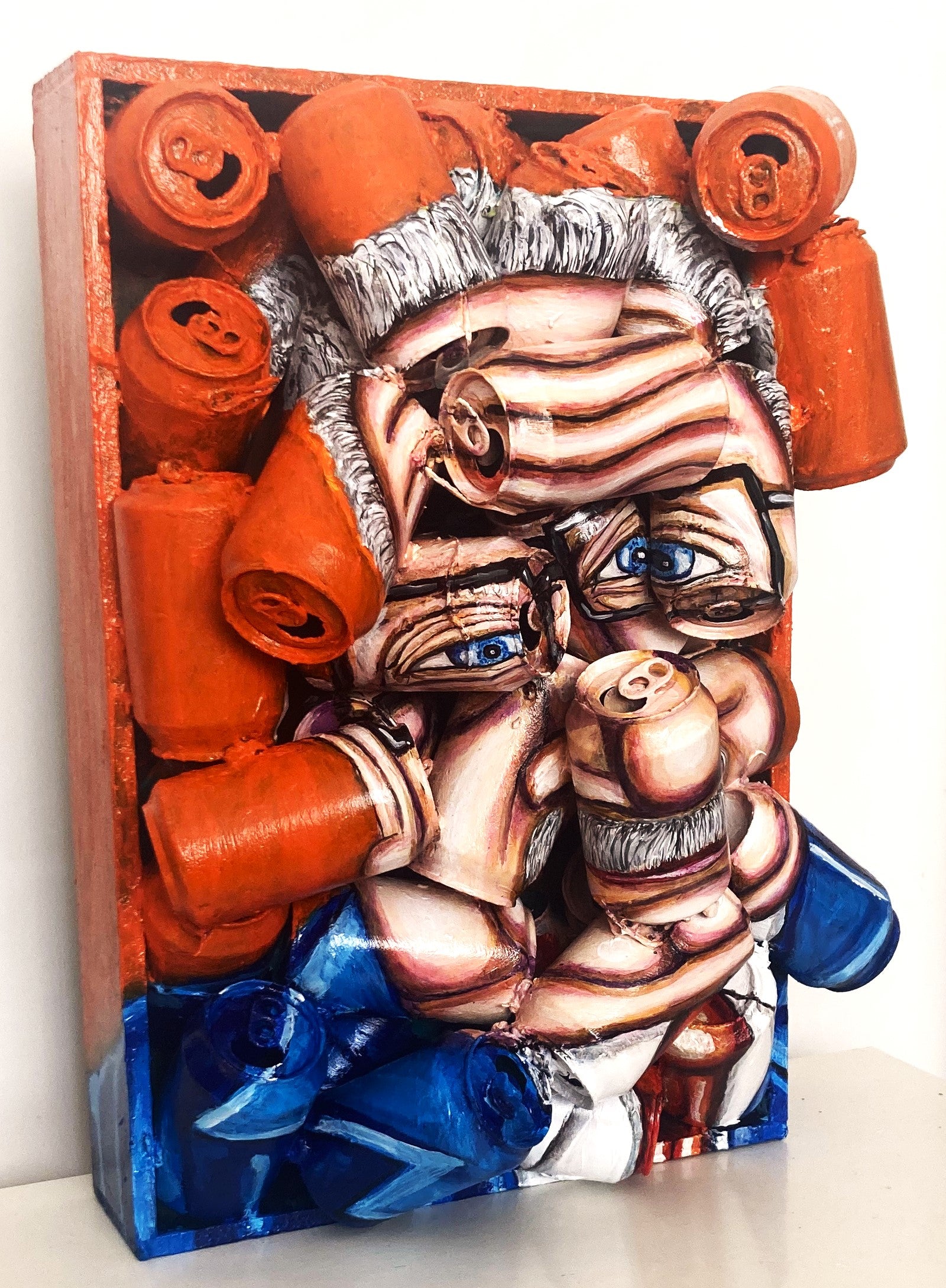  3D Portrait of Chilean Presidemt Salvador Allende. Acrylic Painting  on Recycled Beer Cans [Recycled Art]. Ivan Fyodorovich. Medium left lateral view