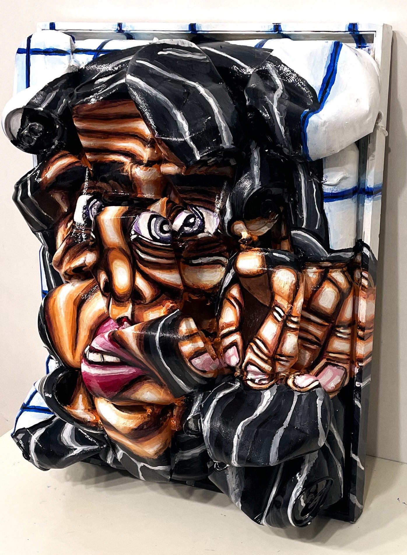 3D Portrait of a Gaza Woman With Pointing Finger. Acrylic Painting on Recycled Beer Cans [Recycled Art]. Ivan Fyodorovich. Medium lateral left view