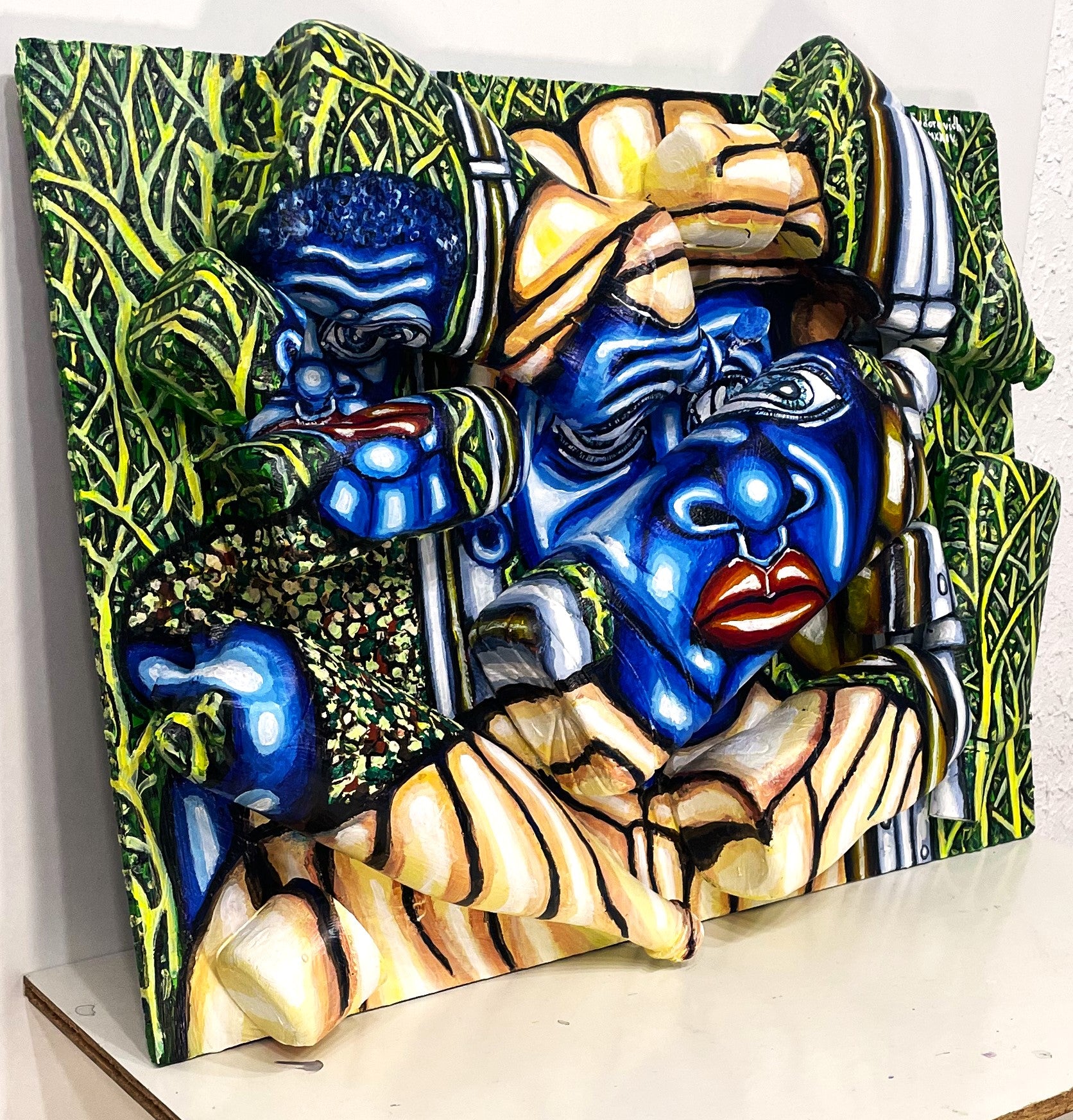 3D Portrait of Two Child Soldiers. Acrylic Painting on Recycled Plastic Containers Recycled Art]. Ivan Fyodorovich. Medium lateral left view