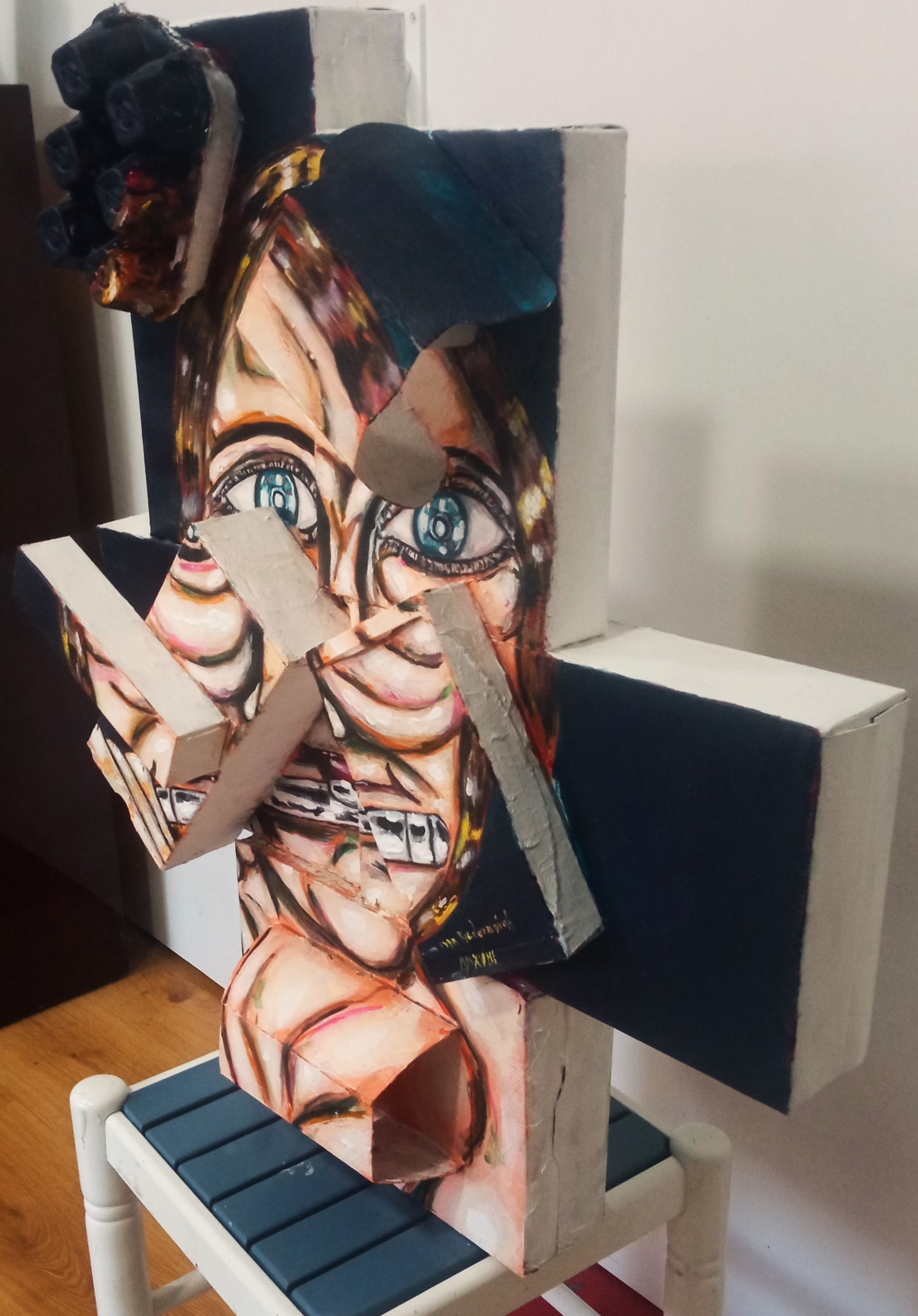 3D Portrait of a Naked Woman Playing the Flute. Acrylic on Recycled Cardboard boxes (Music Art) [Recycled Art]. Ivan Fyodorovich. Right Lateral view