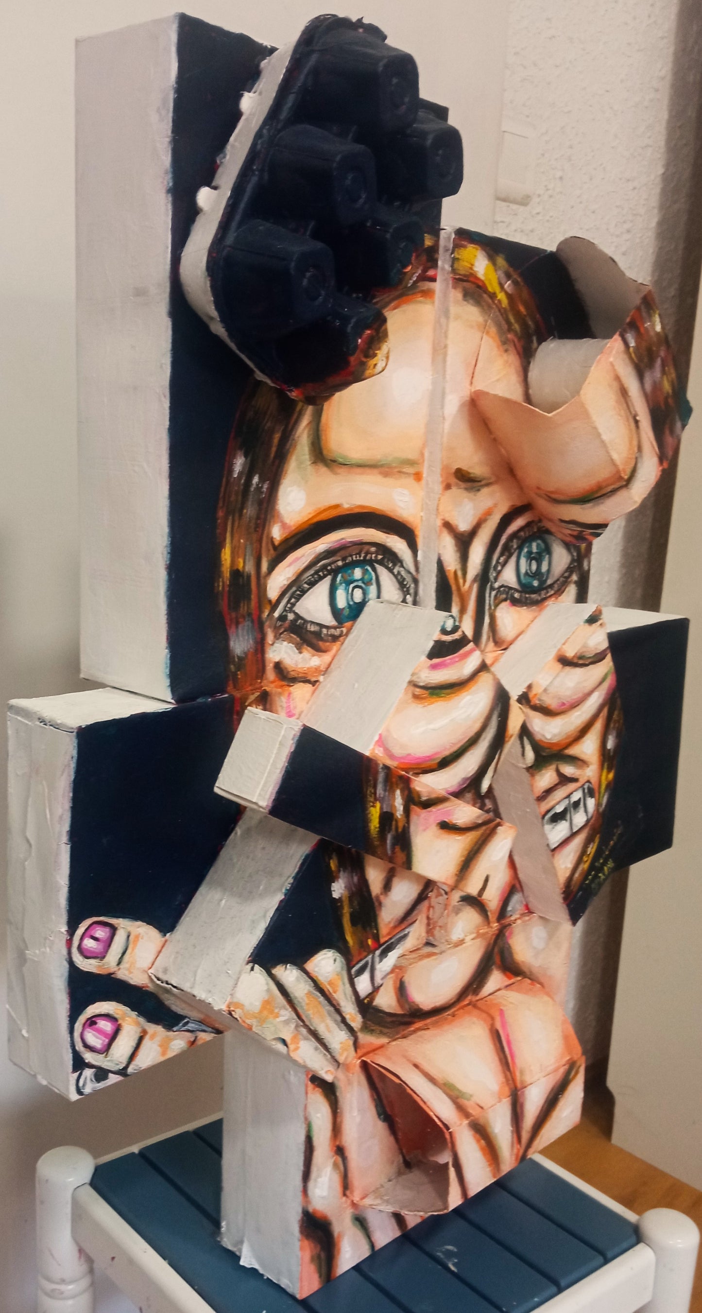 3D Portrait of a Naked Woman Playing the Flute. Acrylic on Recycled Cardboard boxes (Music Art) [Recycled Art]. Ivan Fyodorovich. Left Lateral view