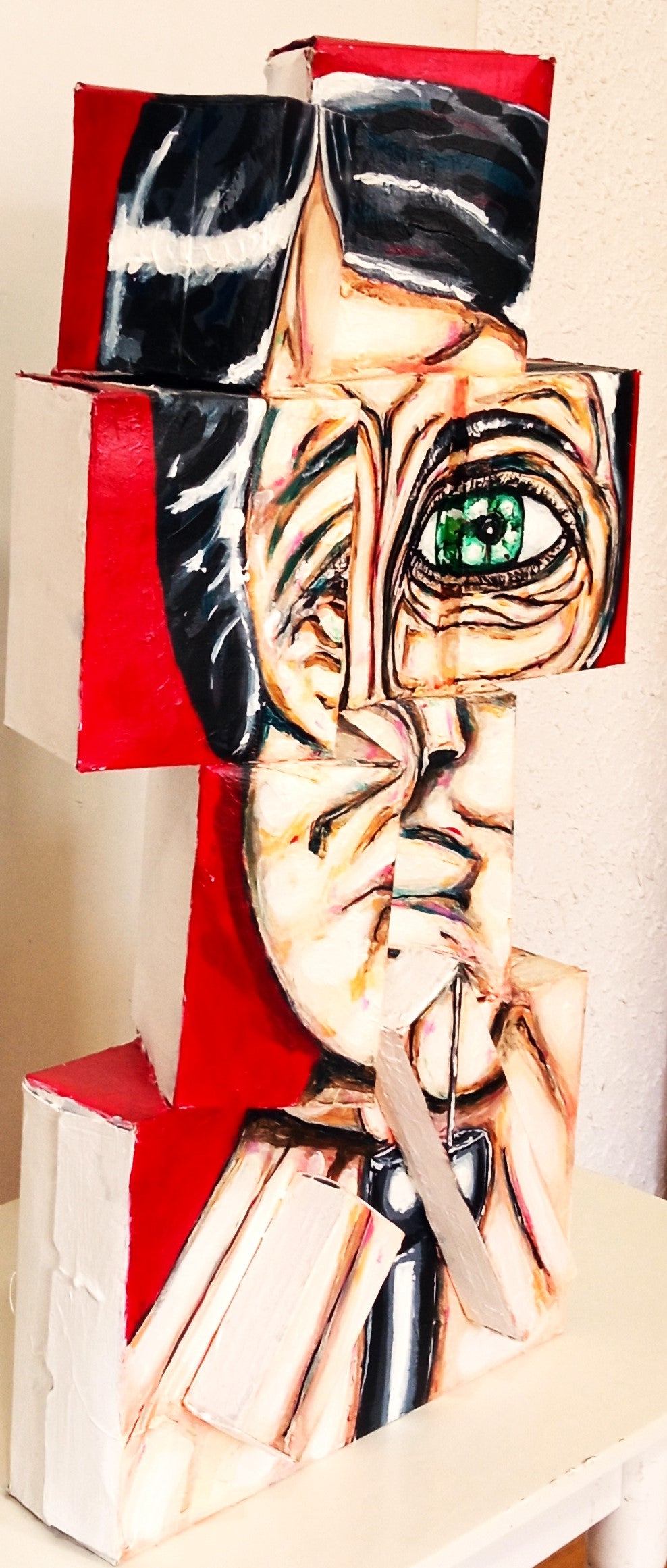 3D Portrait of a Naked Man Playing the Cor Anglais. Acrylic on Recycled Cardboard boxes (Music Art) [Recycled Art]. Left Lateral view