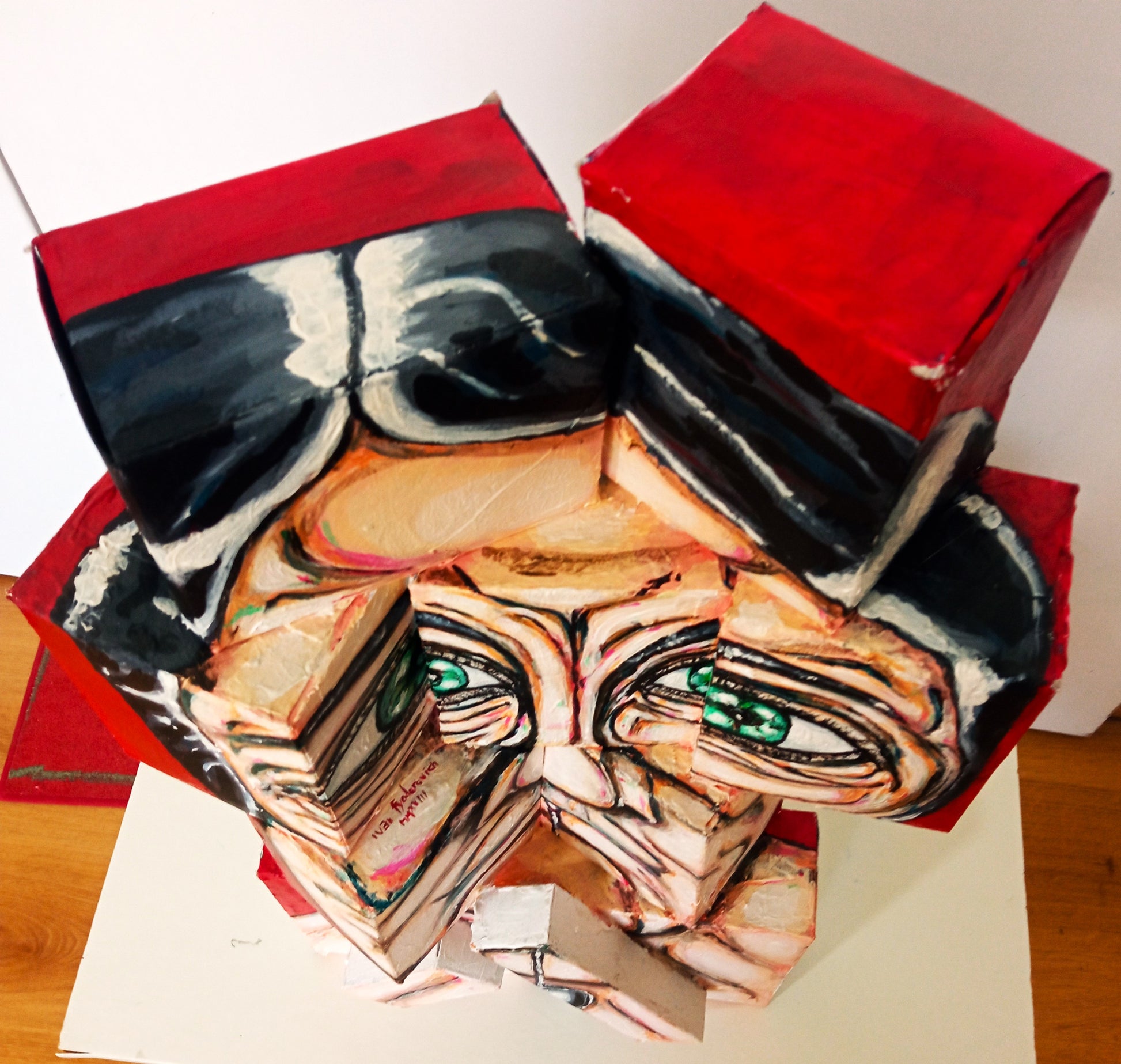 3D Portrait of a Naked Man Playing the Cor Anglais. Acrylic on Recycled Cardboard boxes (Music Art) [Recycled Art]. Cenital view