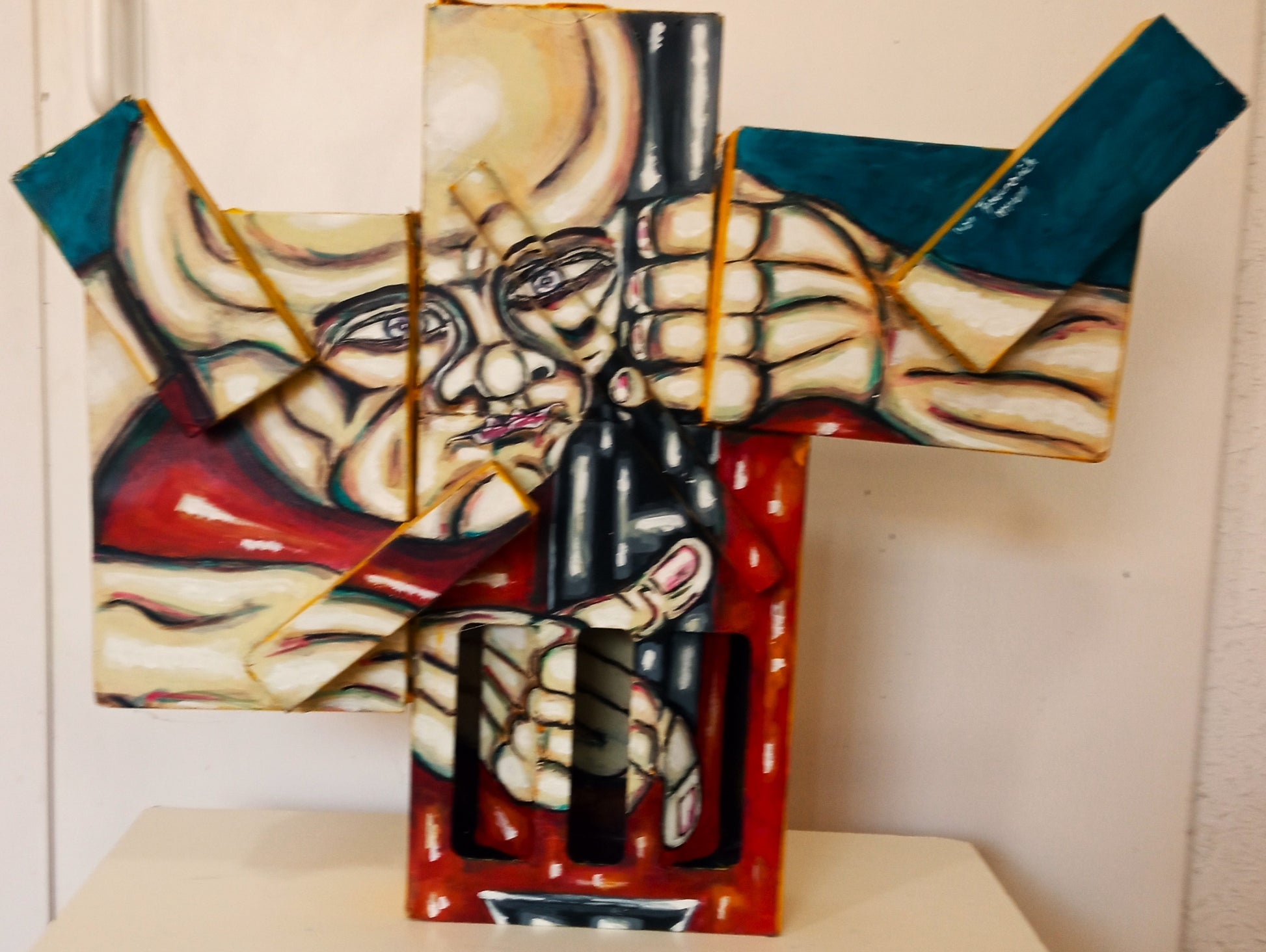 3D Portrait of a Naked Man Playing the Double Bass. Acrylic on Recycled Cardboard boxes (Music Art) [Recycled Art]. Ivan Fyodorovich. Front view