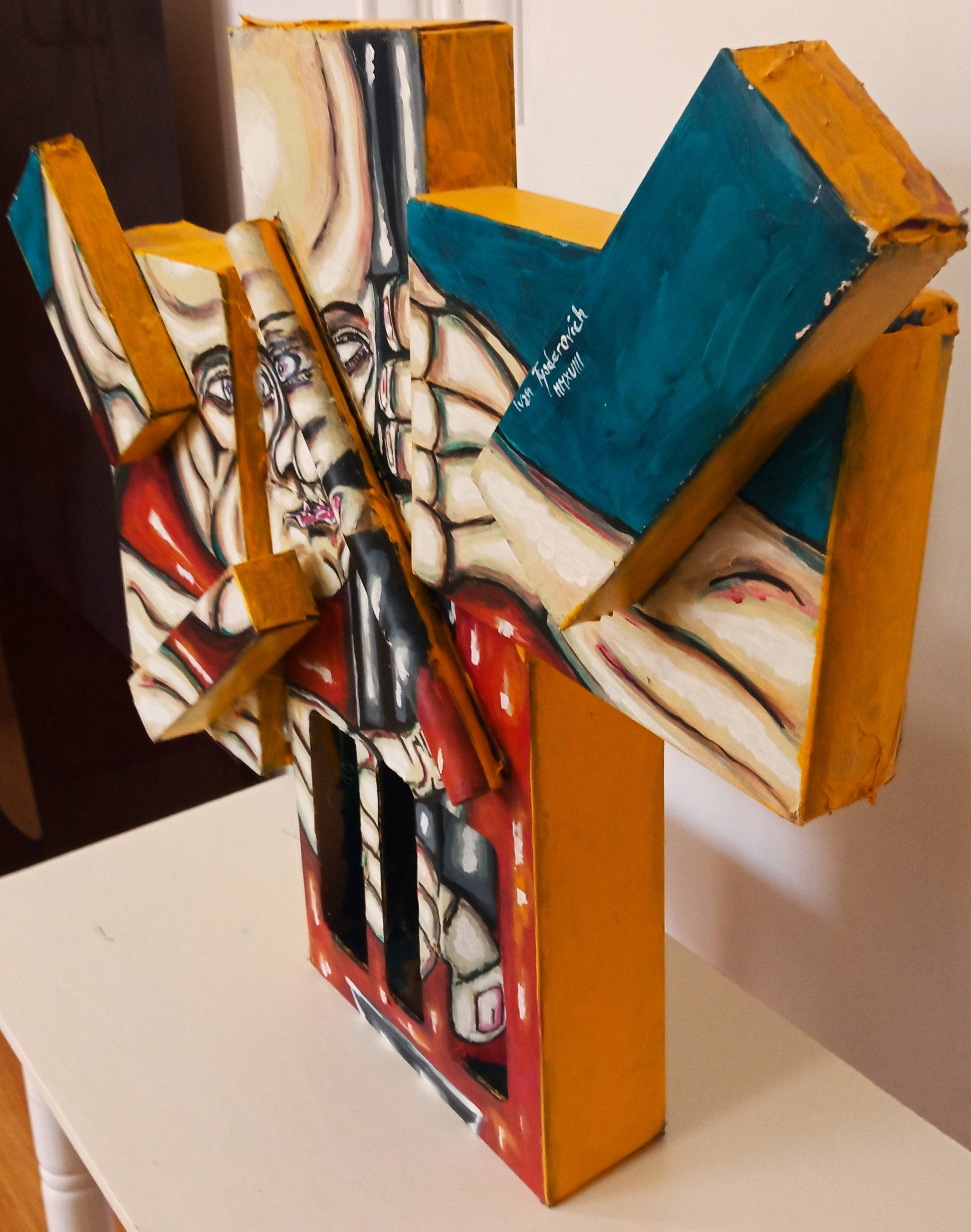 3D Portrait of a Naked Man Playing the Double Bass. Acrylic on Recycled Cardboard boxes (Music Art) [Recycled Art]. Ivan Fyodorovich. Right lateral view