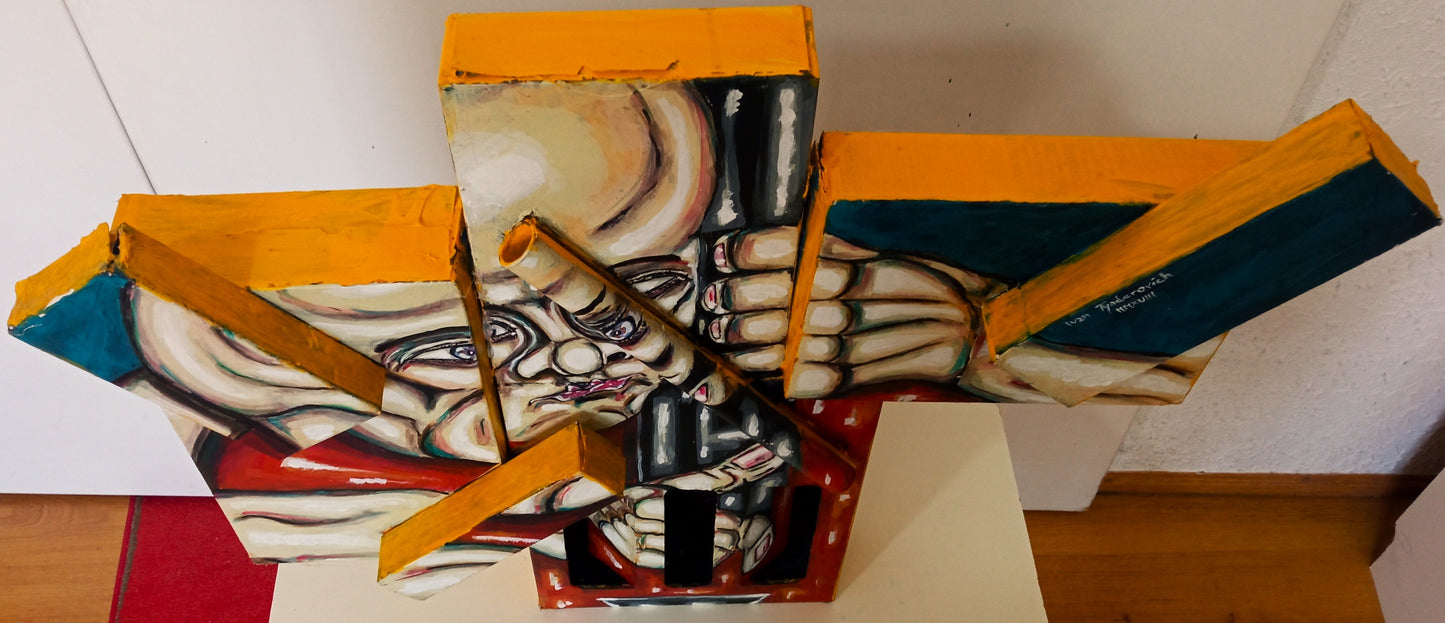 3D Portrait of a Naked Man Playing the Double Bass. Acrylic on Recycled Cardboard boxes (Music Art) [Recycled Art]. Ivan Fyodorovich. Cenital view