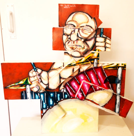 3D Portrait of a Naked Man Playing the  Drum Kit. Acrylic on Recycled Cardboard boxes (Music Art) [Recycled Art]. Ivan Fyodorovich. Front view