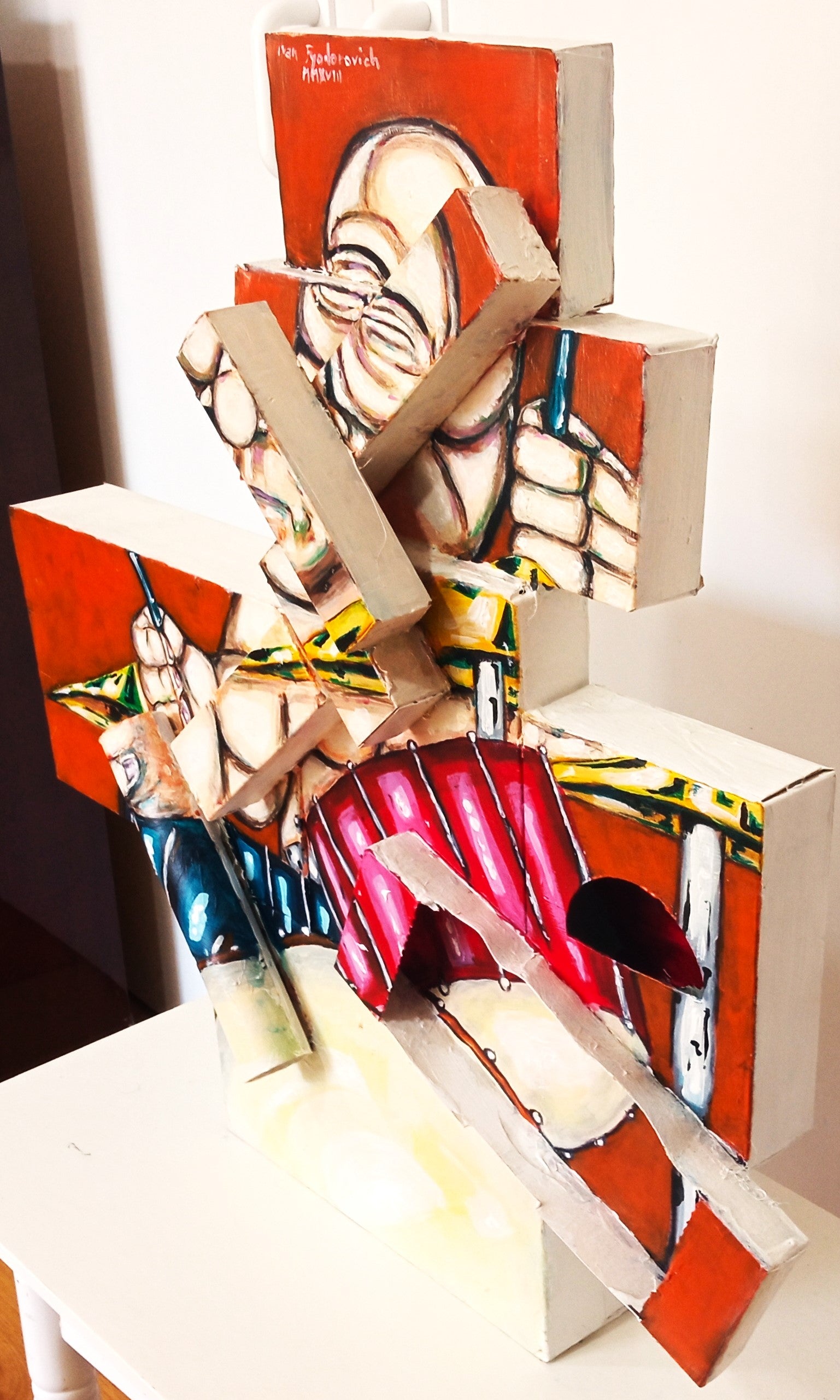 3D Portrait of a Naked Man Playing the  Drum Kit. Acrylic on Recycled Cardboard boxes (Music Art) [Recycled Art]. Ivan Fyodorovich. Right lateral view