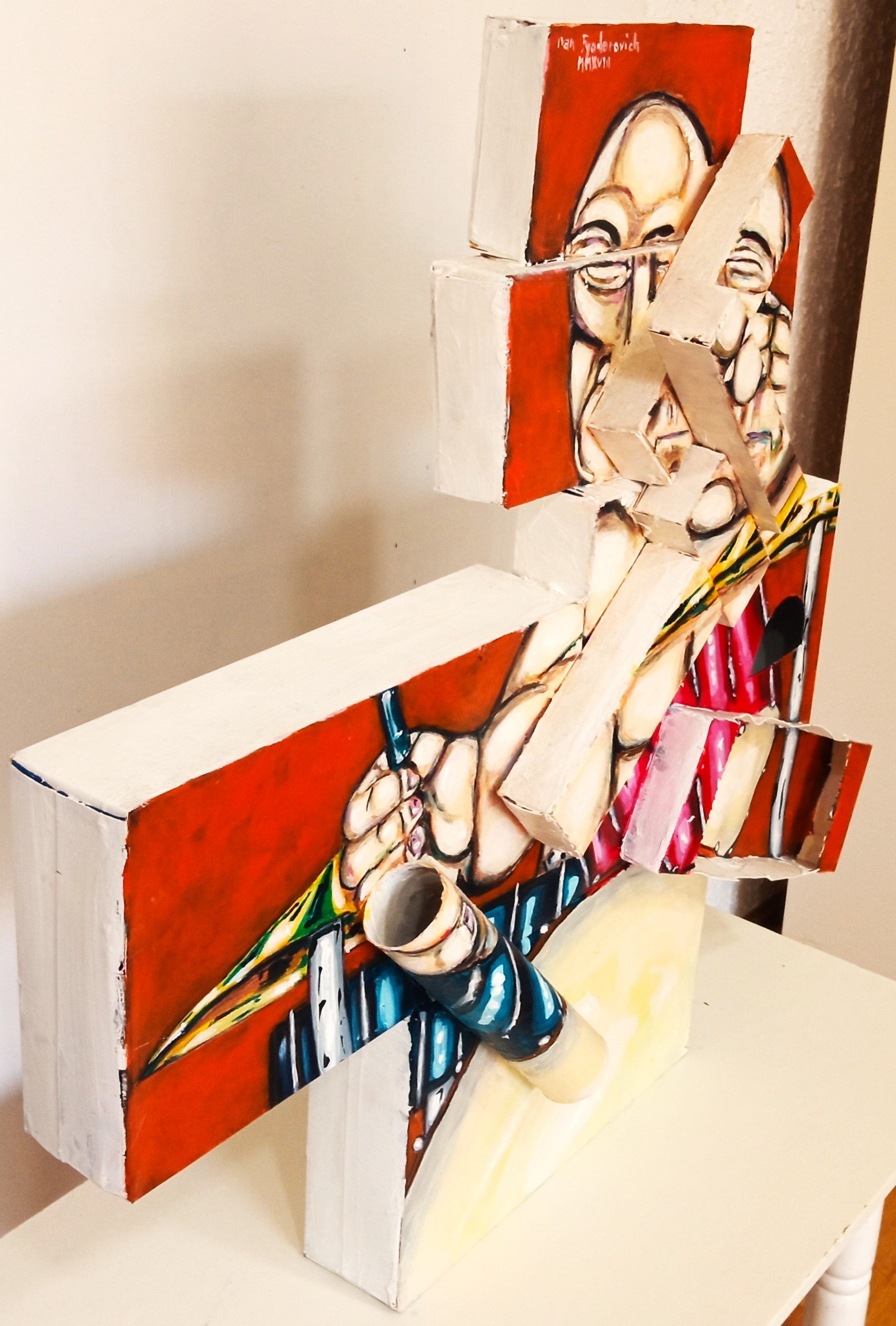 3D Portrait of a Naked Man Playing the  Drum Kit. Acrylic on Recycled Cardboard boxes (Music Art) [Recycled Art]. Ivan Fyodorovich. Left lateral view