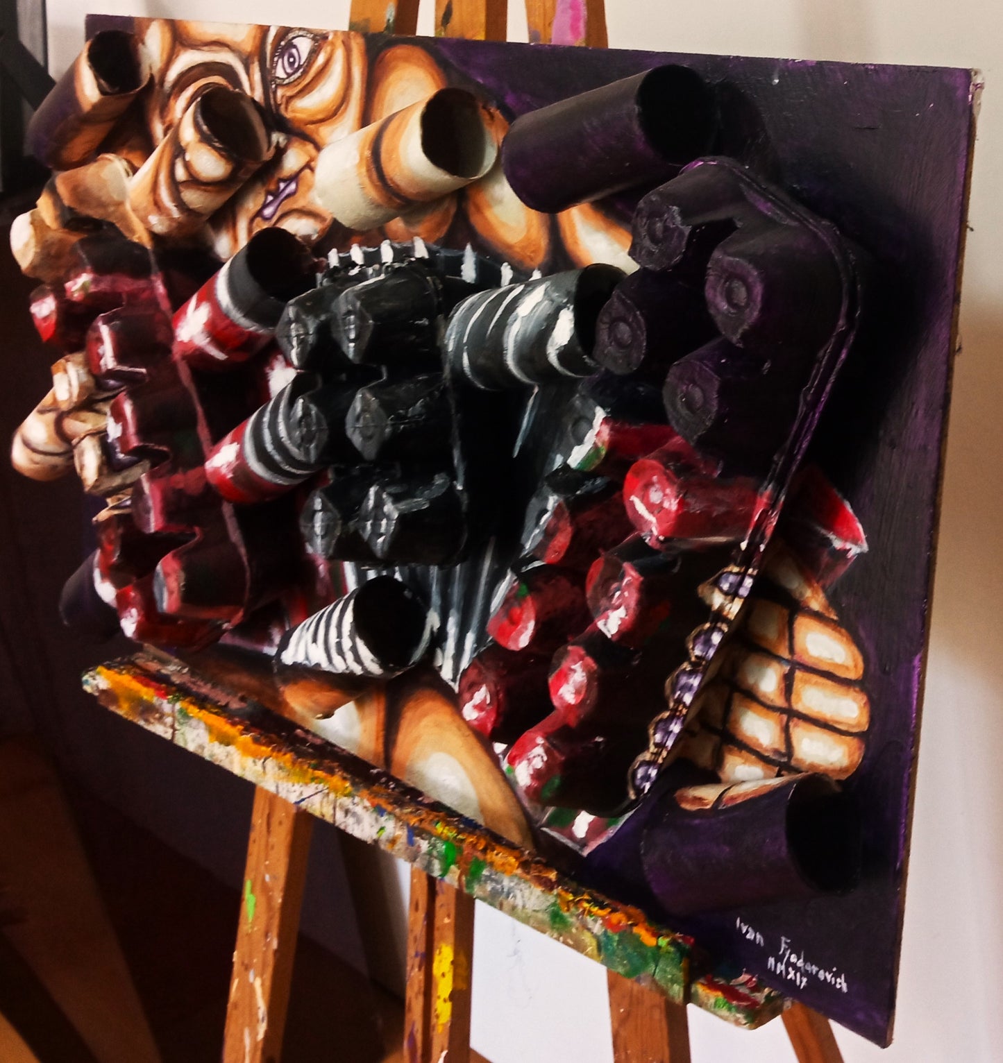 3D art portrait of naked accordionist. Acrylic paint on wood, recycled cardboard tubes and recycled egg cartons."Music painting" [Recycled Art]. Right Lateral View