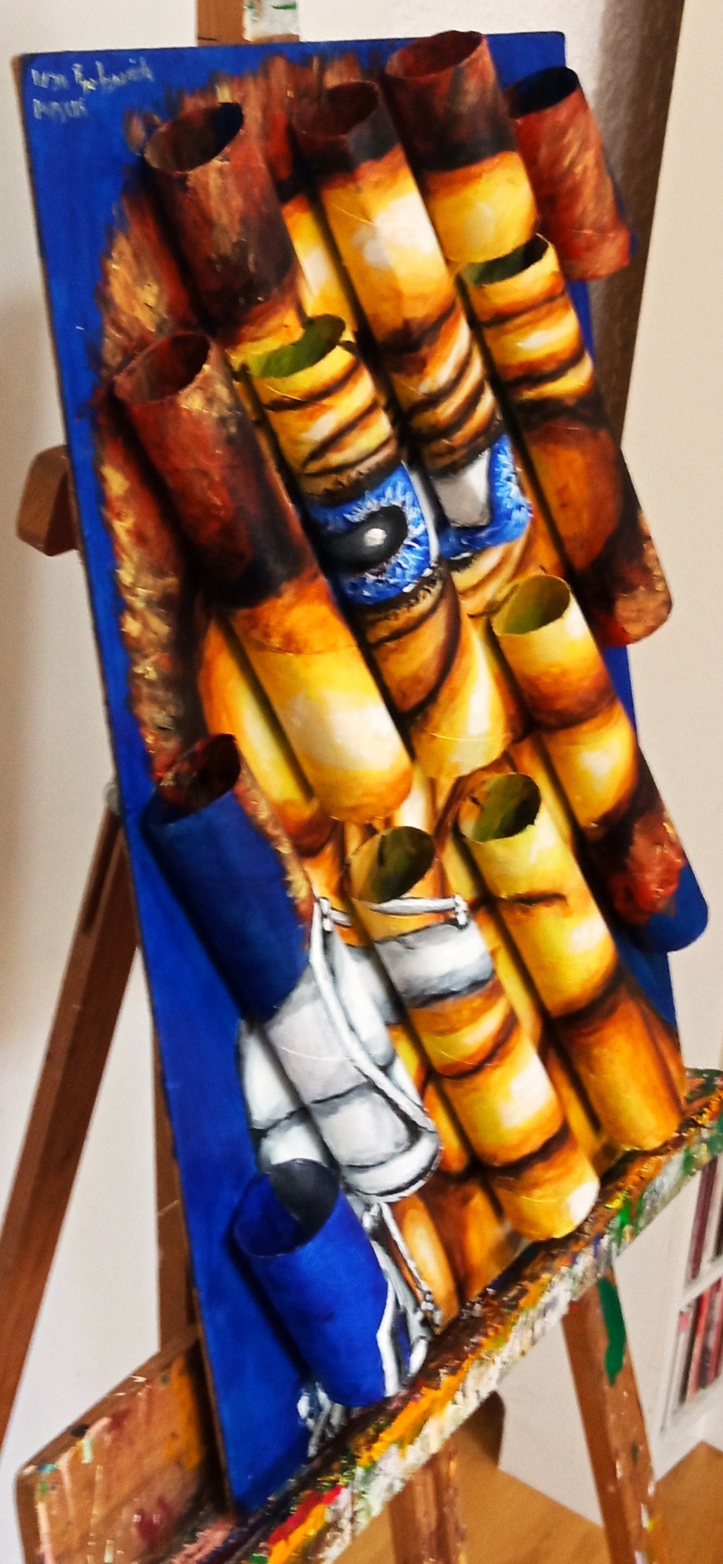 3D Art Portrait of a Naked Saxophone Player. Acrylic painting Recycled Materials."Music painting" [Recycled Art]. Ivan Fyodorovich. Left Lateral view