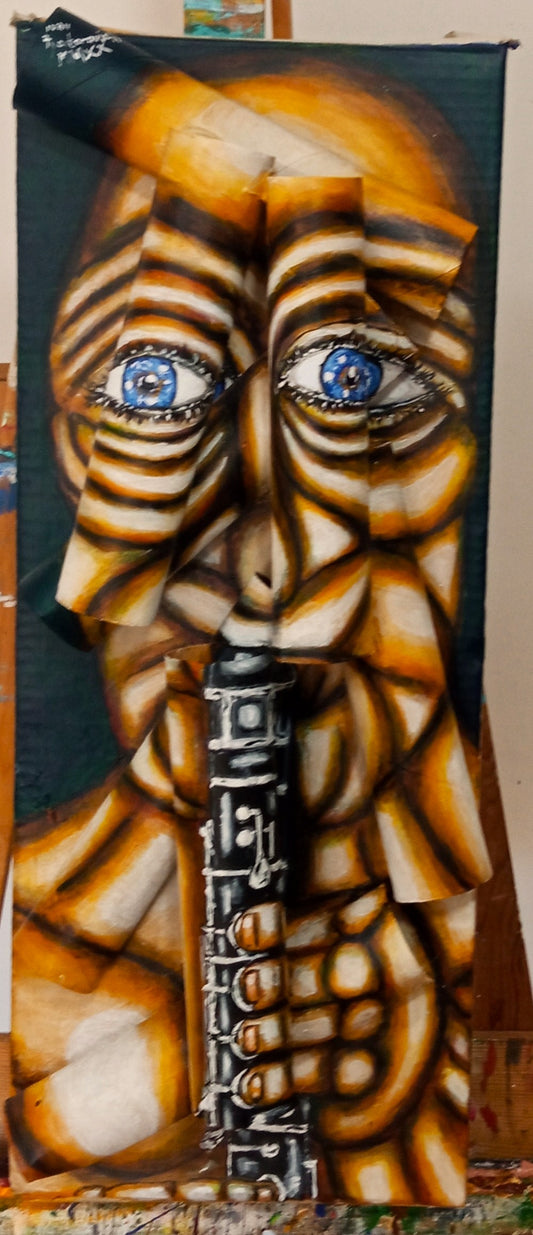 3D Portrait of a Naked Clarinet Player. Acrylic on Cardboard box and Recycled Cardboard Tubes. (Music painting) [Recycled Art]. Front view