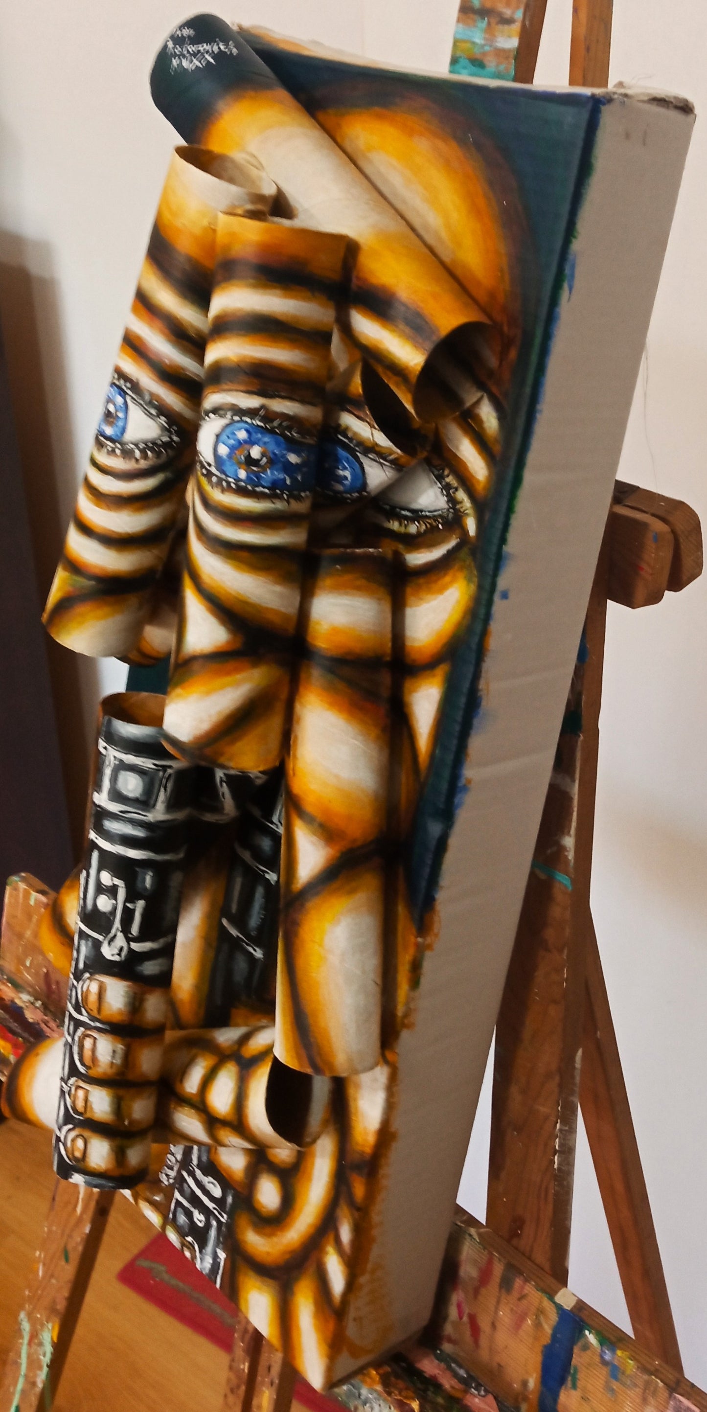 3D Portrait of a Naked Clarinet Player. Acrylic on Cardboard box and Recycled Cardboard Tubes. (Music painting) [Recycled Art]. Right Lateral View