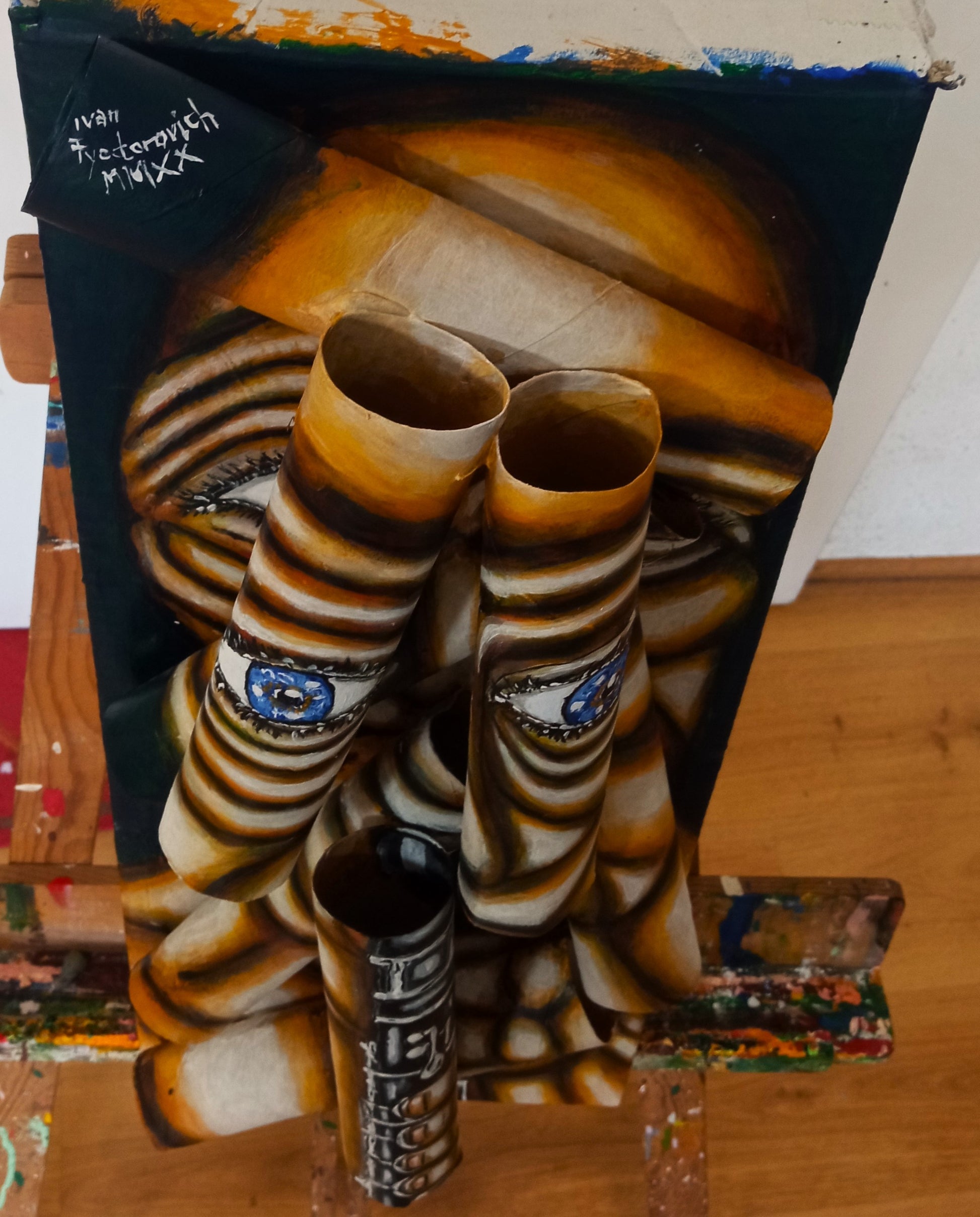 3D Portrait of a Naked Clarinet Player. Acrylic on Cardboard box and Recycled Cardboard Tubes. (Music painting) [Recycled Art]. Cenital View