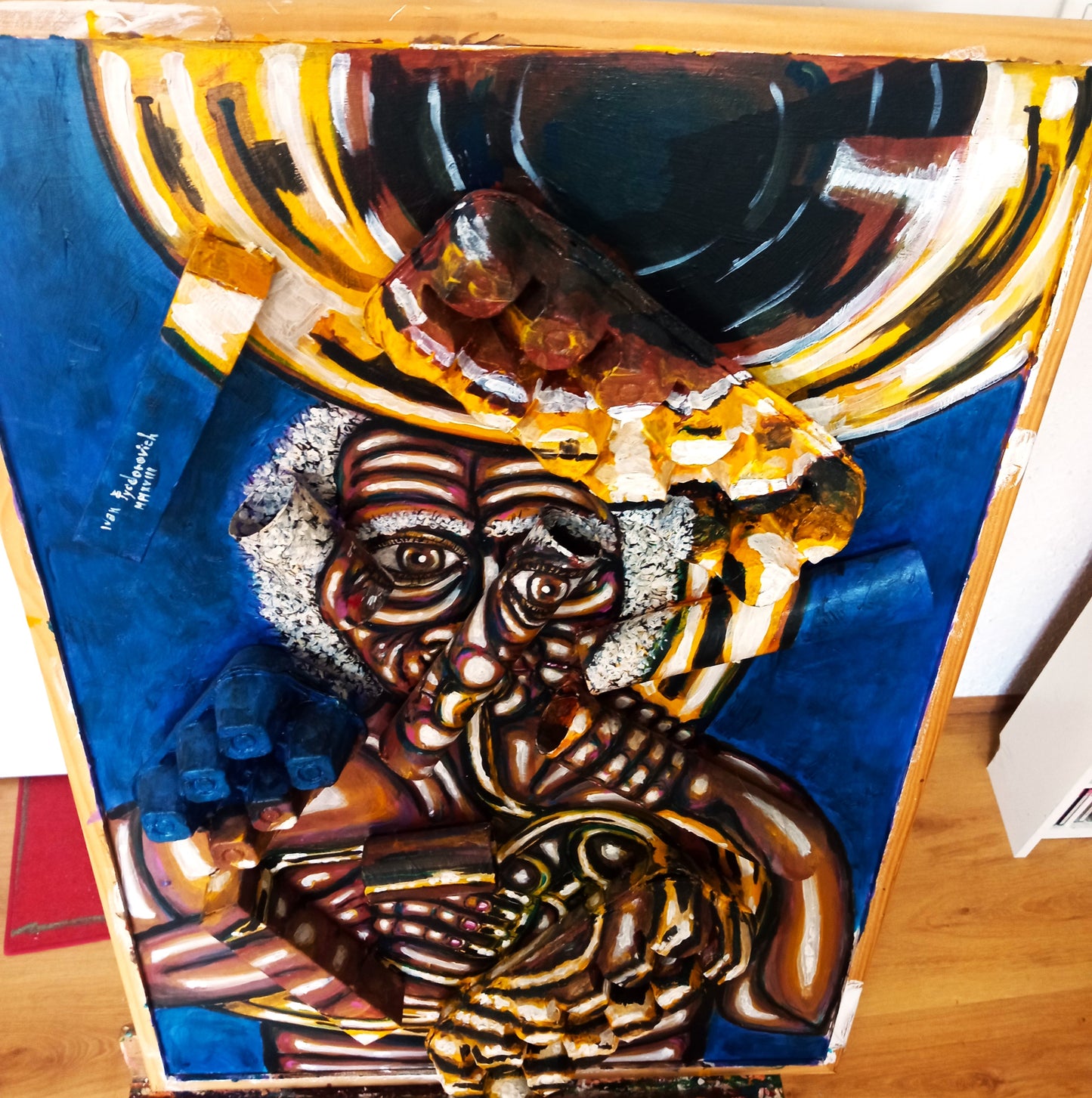 3D art portrait of Naked Helicon Player. Acrylic painting Recycled Materials."Music painting" [Recycled Art]. Ivan Fyodorovich Cenital view