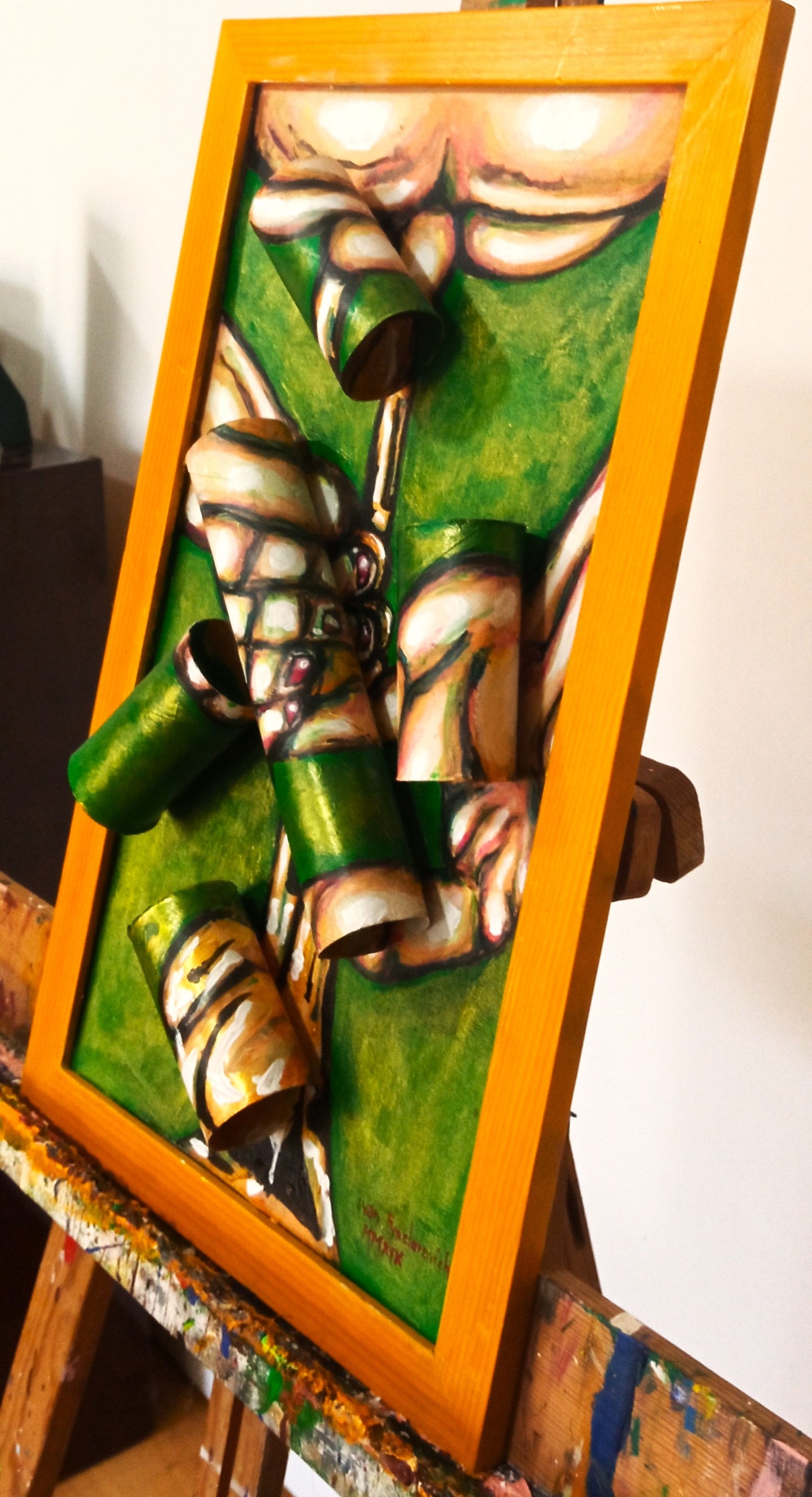 3D Art Portrait of a Naked Trumpet Player viewed from above. Acrylic painting Recycled Materials."Music painting" [Recycled Art]Ivan Fyodorovich. Right lateral view