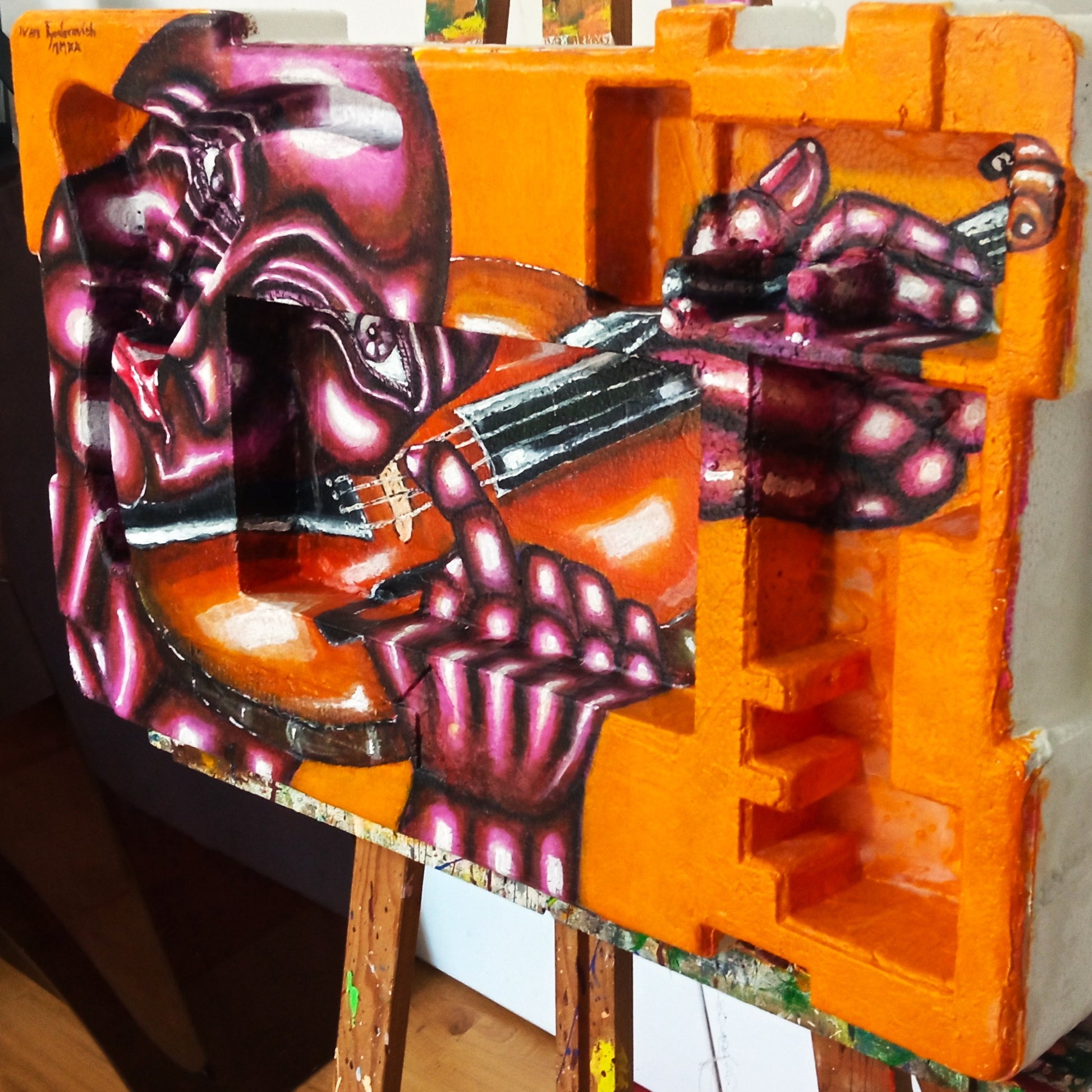 3D Art Portrait of a Naked Viola Player. Acrylic painting Recycled Materials."Music painting" [Recycled Art]. Ivan Fyodorovich. Right lateral view