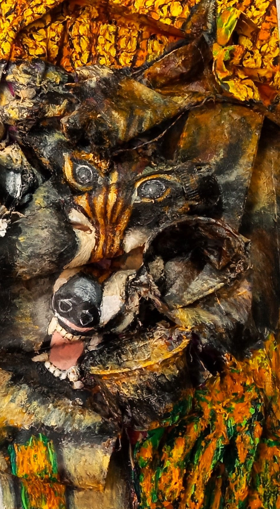 3D Portrait Painting of 2 Wolves Fighting in a Wheat Field. Acrylic on Recycled Found Objects. [Recycled Art]. Detail