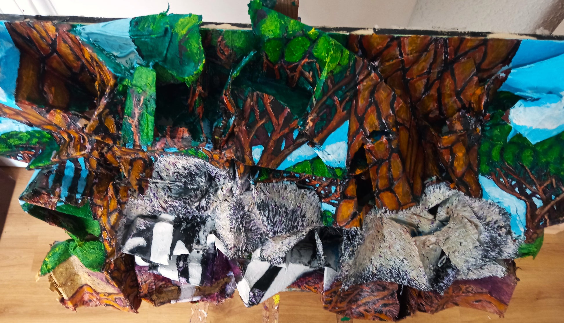 3D Portrait of 2 Badgers Drinking. Acrylic on Recycled Cardboard Boxes. (Wildlife Painting) [Recylcled Art]. Cenital View