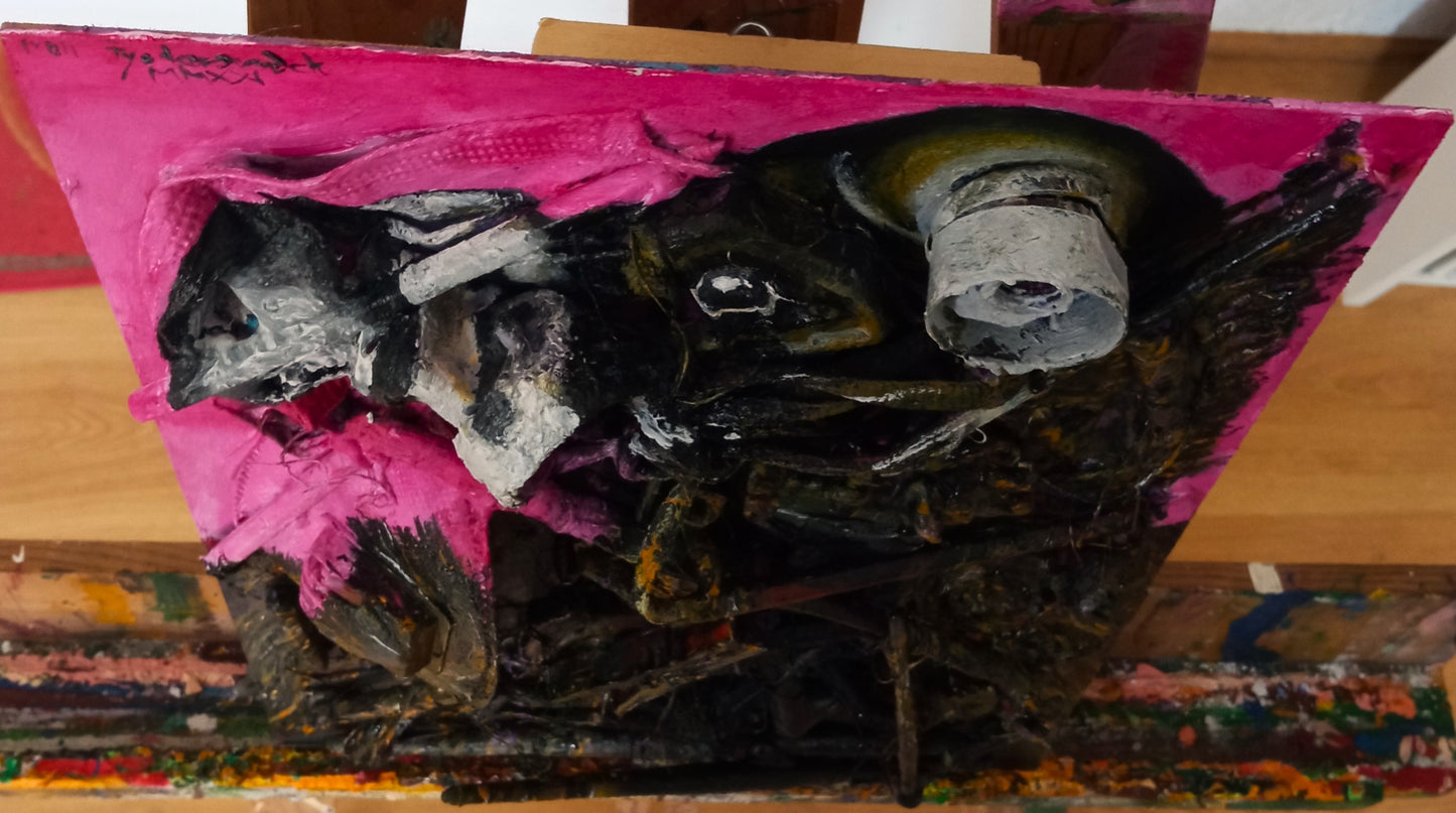 3D portrait of a Black Vulture  Acrylic paint on woodboard and recycled found objects. Cenital view