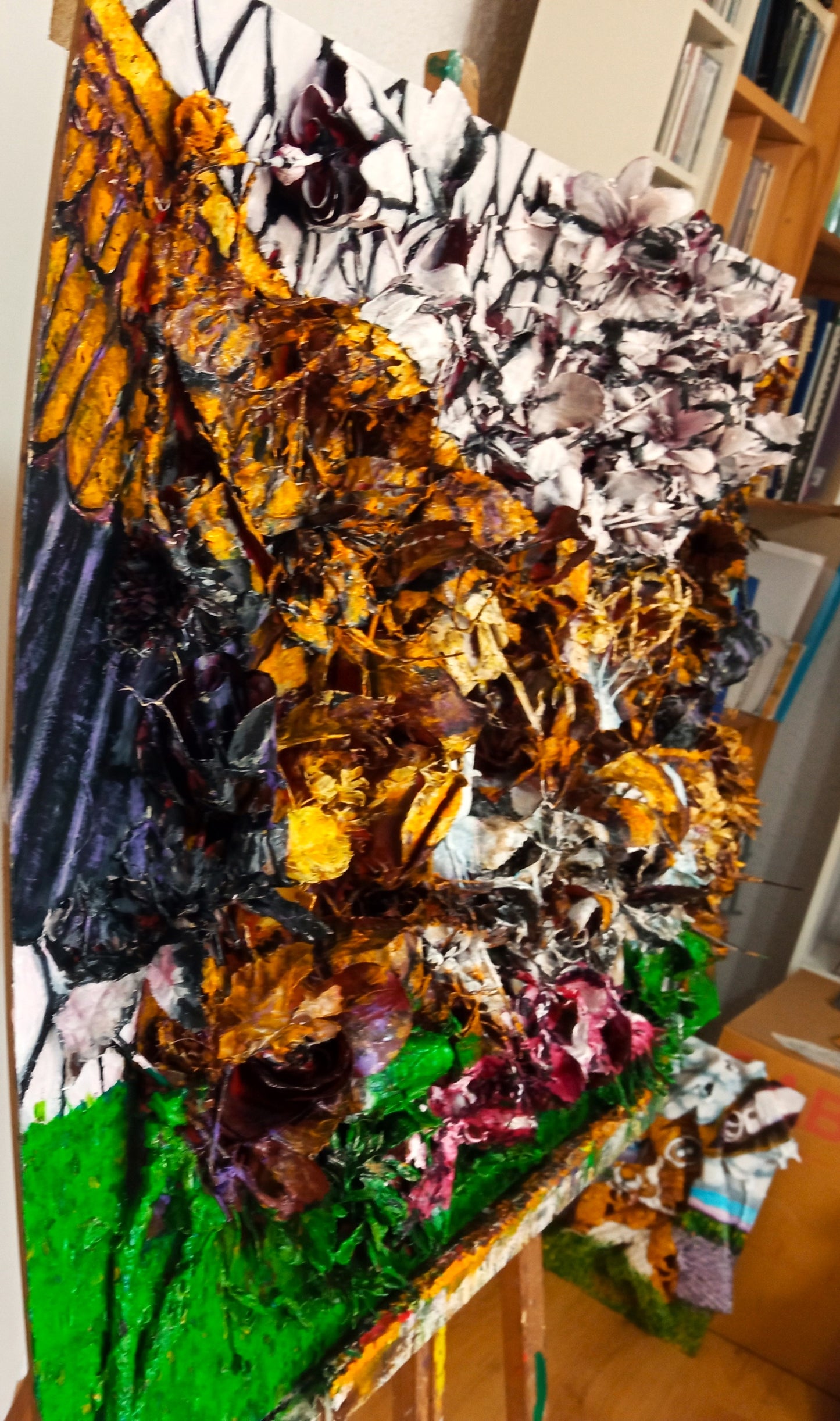 3D Painting of Vultures eating Carrion. Acrylic on SWoodboard and Recycled Plastic Flowers (Wildlife painting).[Recycled Art]. Left Lateral view