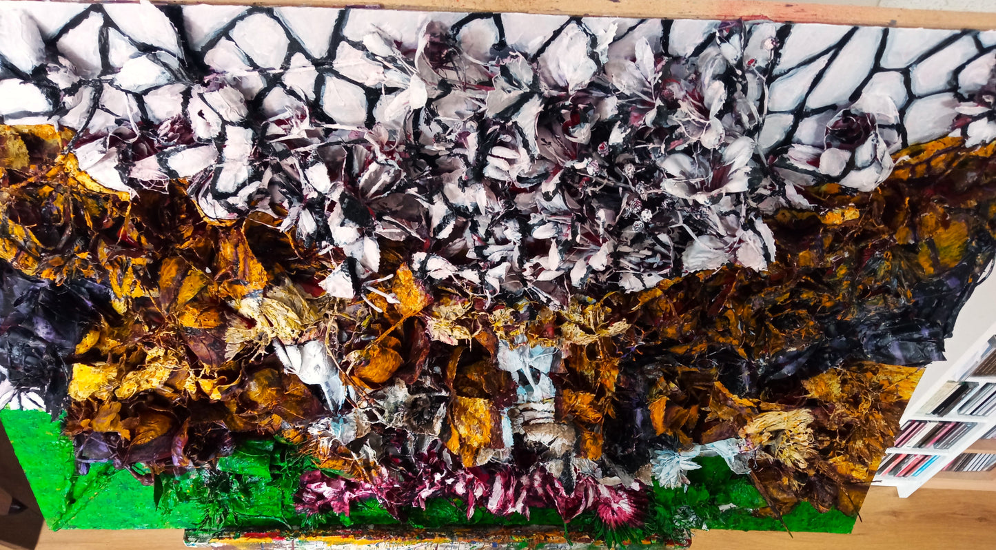 3D Painting of Vultures eating Carrion. Acrylic on SWoodboard and Recycled Plastic Flowers (Wildlife painting).[Recycled Art]. Cenital view