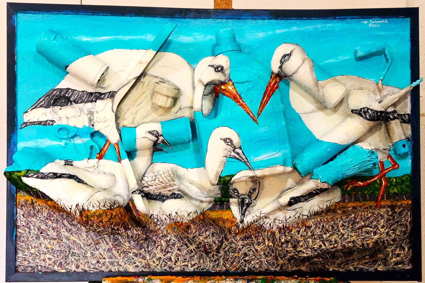 3D Painting of a Stork Family . Acrylic on woodboard and Recycled Found Objects. [Recycled Art]. Front View