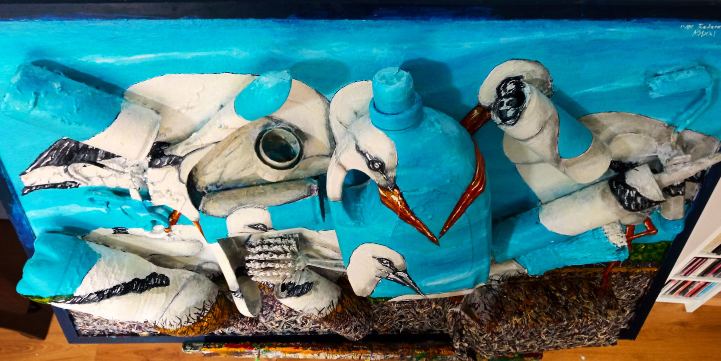 3D Painting of a Stork Family . Acrylic on woodboard and Recycled Found Objects. [Recycled Art]. Cenital View