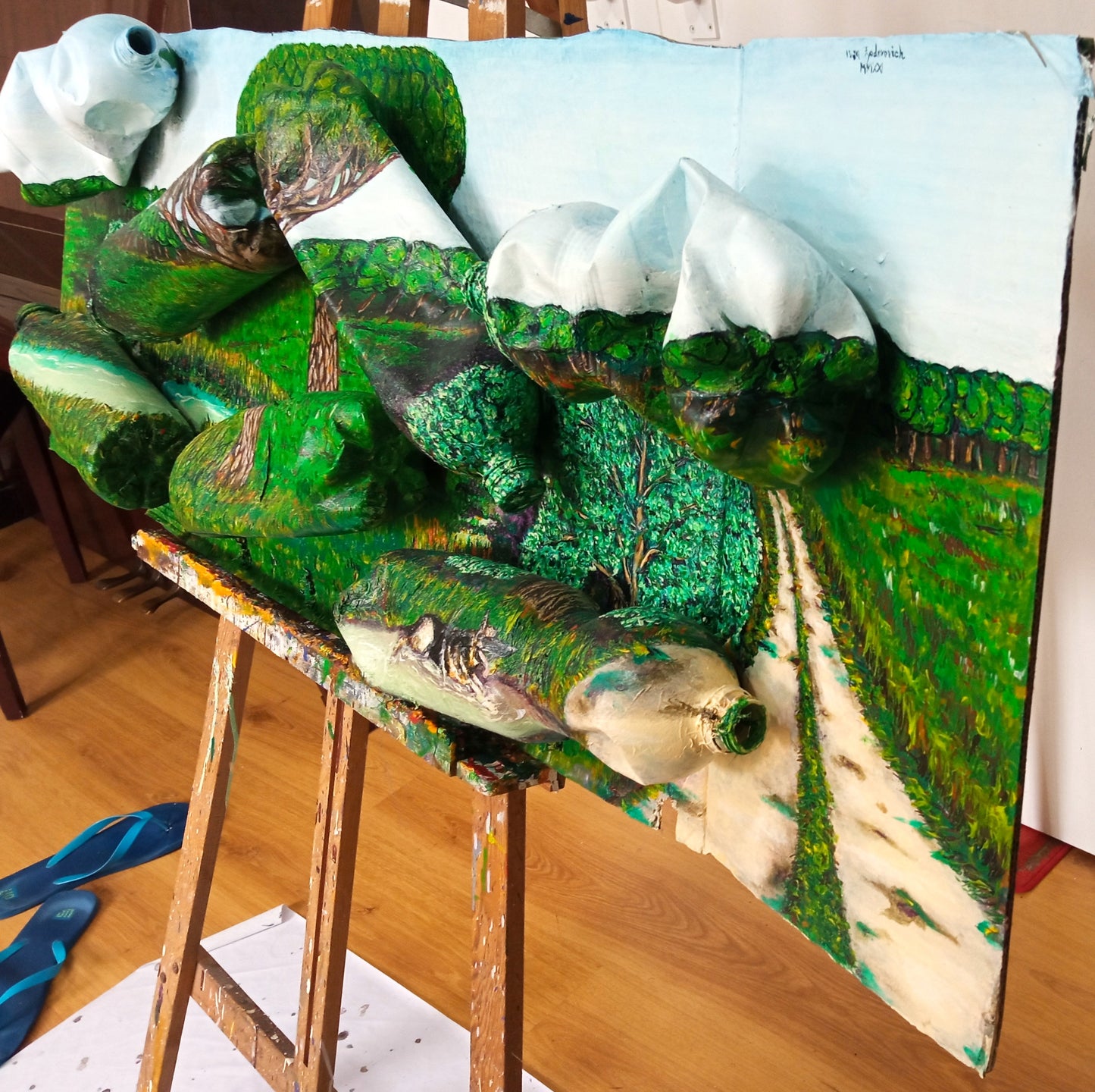 3D Landscape Painting. Path to the River. Acrylic on Recycled Plastic Bottles. (Recycled Art). Right Lateral View