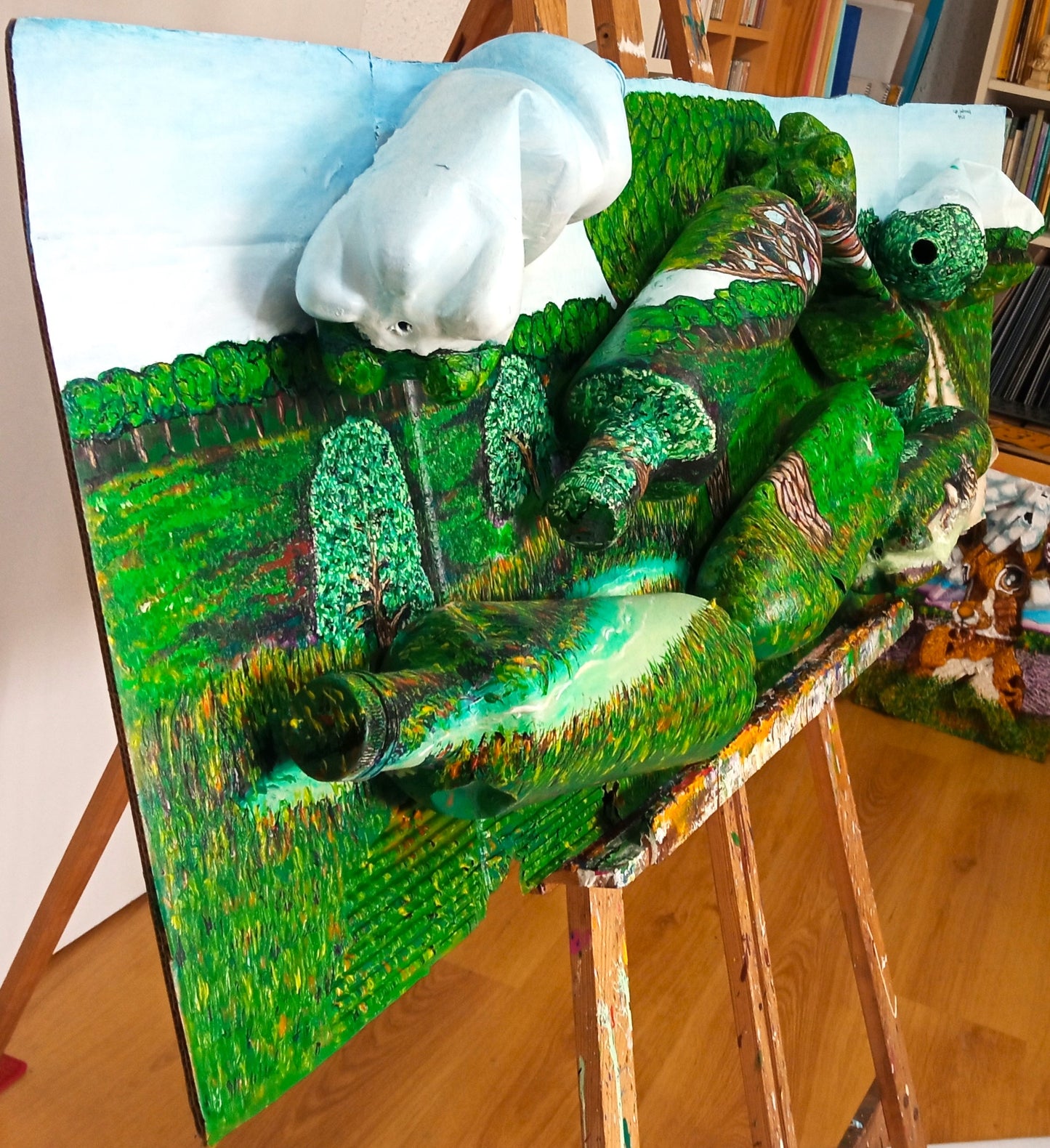 3D Landscape Painting. Path to the River. Acrylic on Recycled Plastic Bottles. (Recycled Art). Left Lateral View