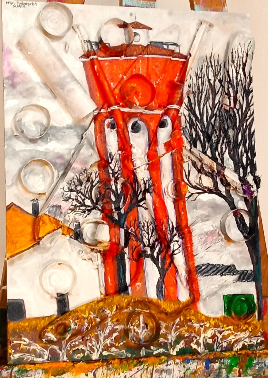 3D Landscape Painting of La Zarza Water Tank. Acrylic on woodboard and Recycled Found Objects. [Recycled Art]. front View