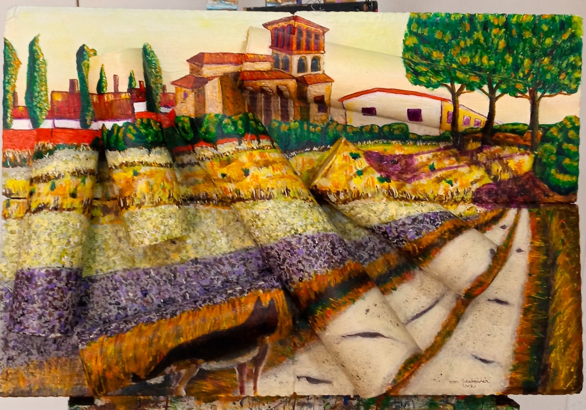 3D landscape of La Zarza from the river path. Acrylic painting on recycled cardboard boxes and cardboard tubes [Recycled Art]. Video