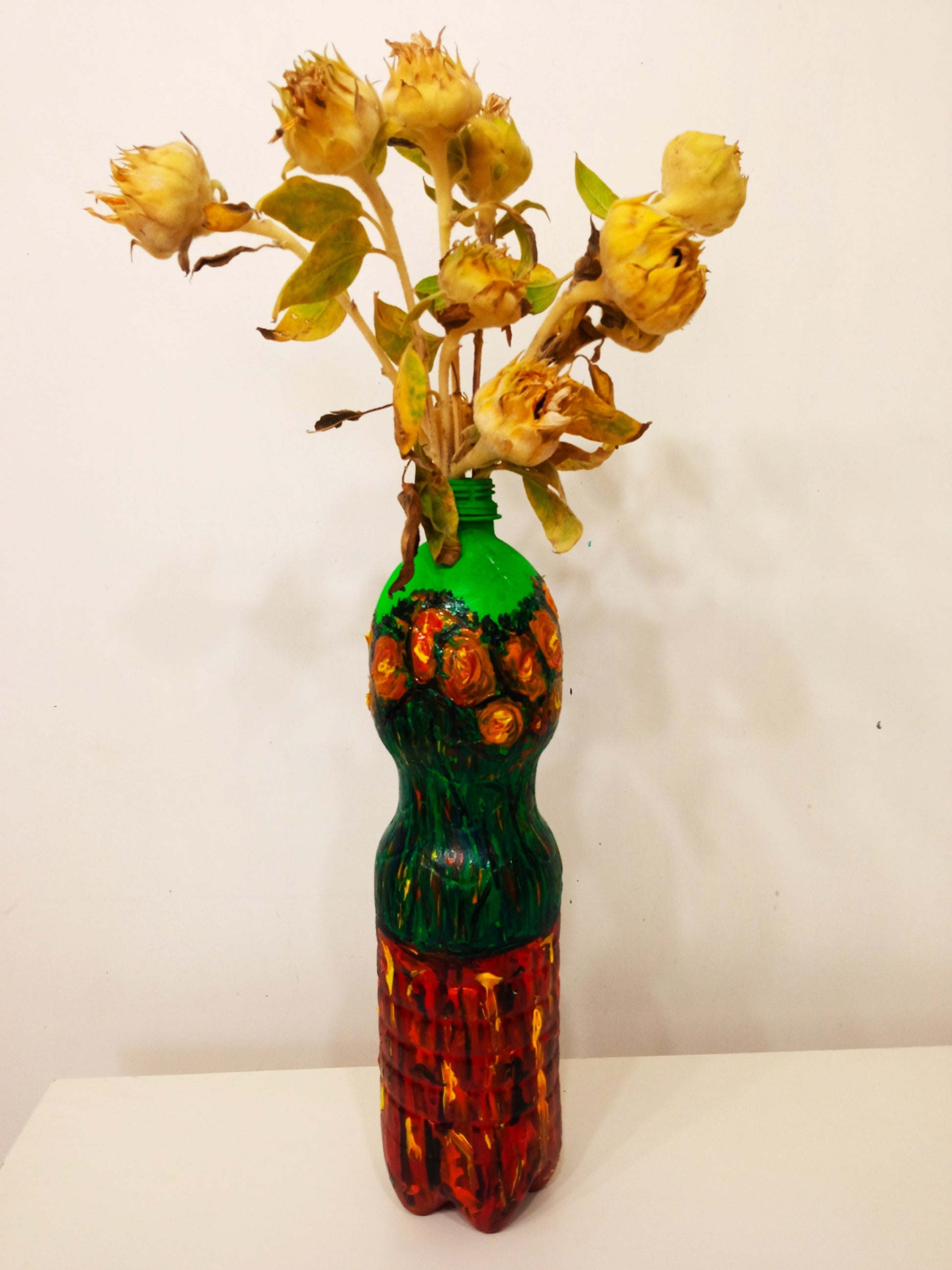 Recycled plastic bottle vase , acrylic painted sunflowers vase for dried flowers with sunflowers