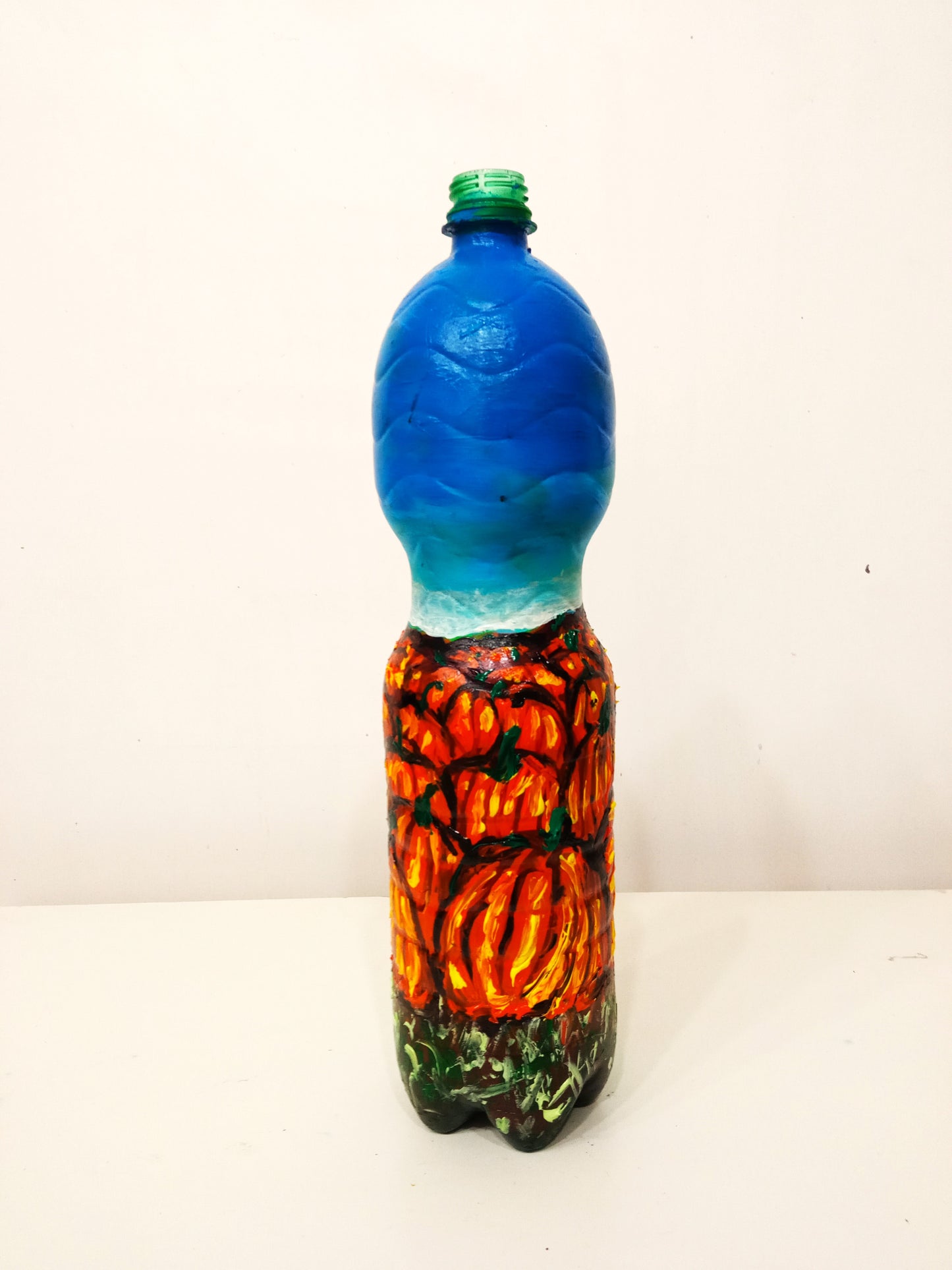 Recycled plastic bottle vase , Acrylic Painted Orange Pumpkin Field Vase for dried flowers. 2