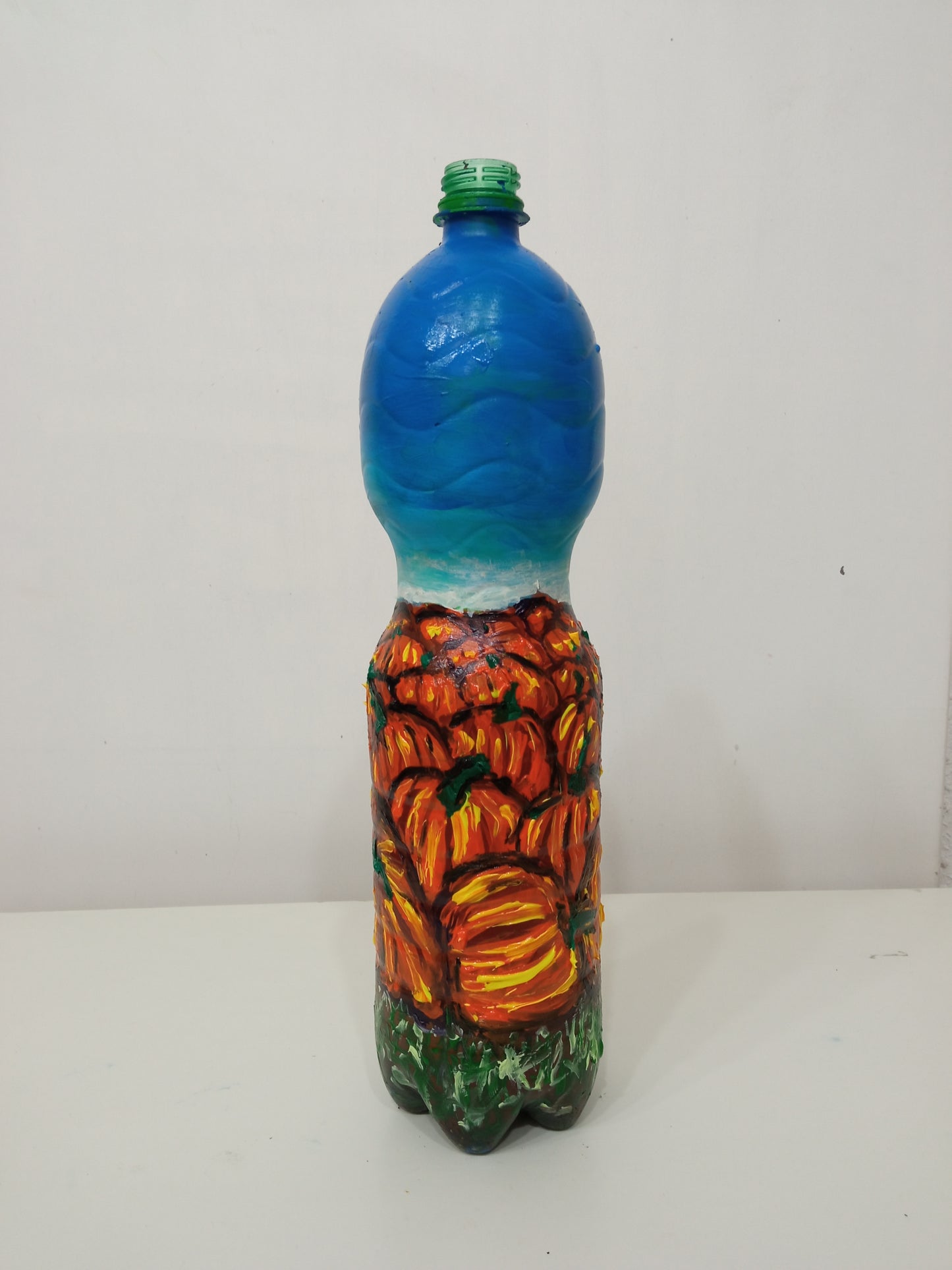 Recycled plastic bottle vase , Acrylic Painted Orange Pumpkin Field Vase for dried flowers. 4