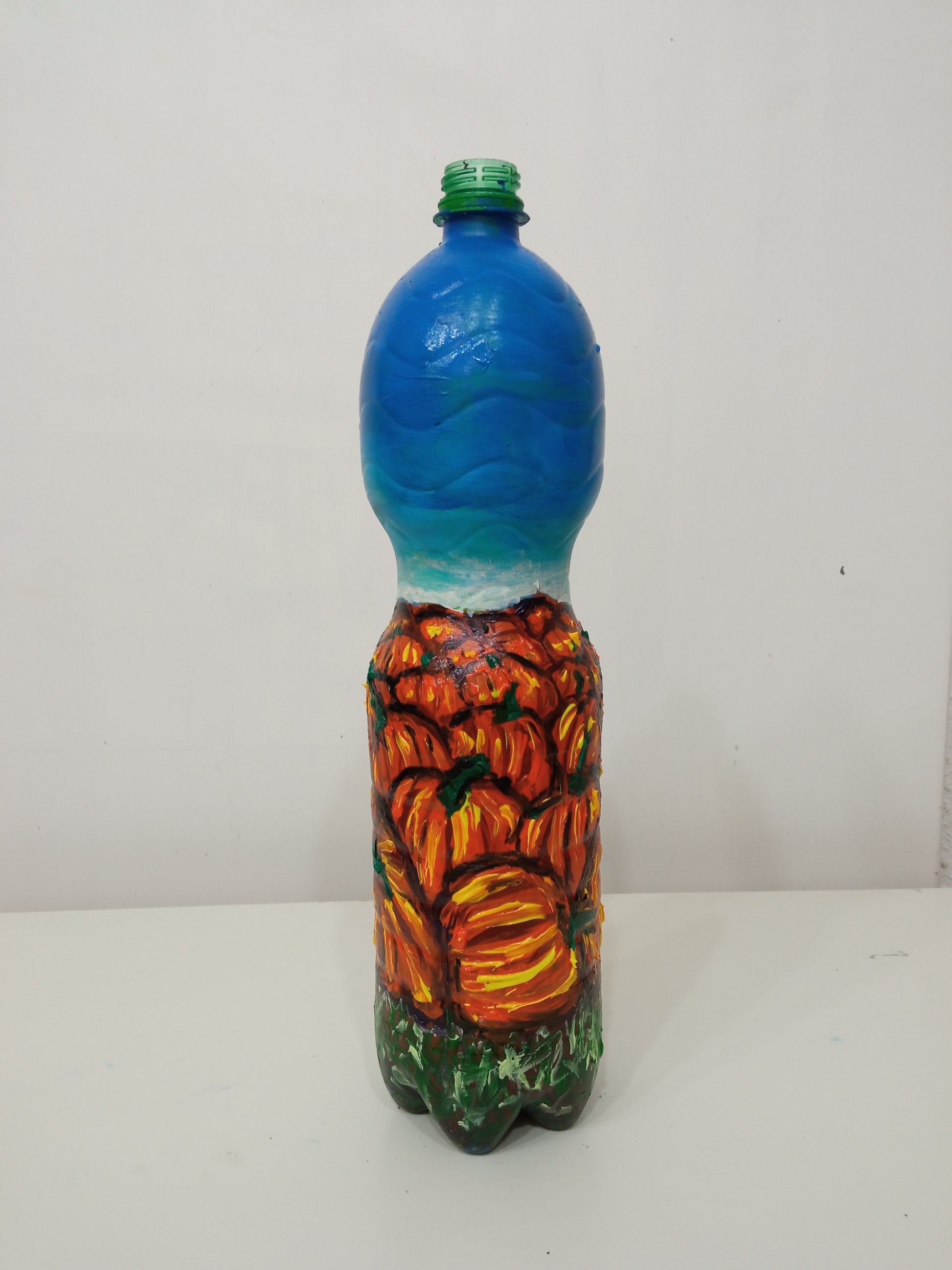 Recycled plastic bottle vase , Acrylic Painted Orange Pumpkin Field Vase for dried flowers. 4