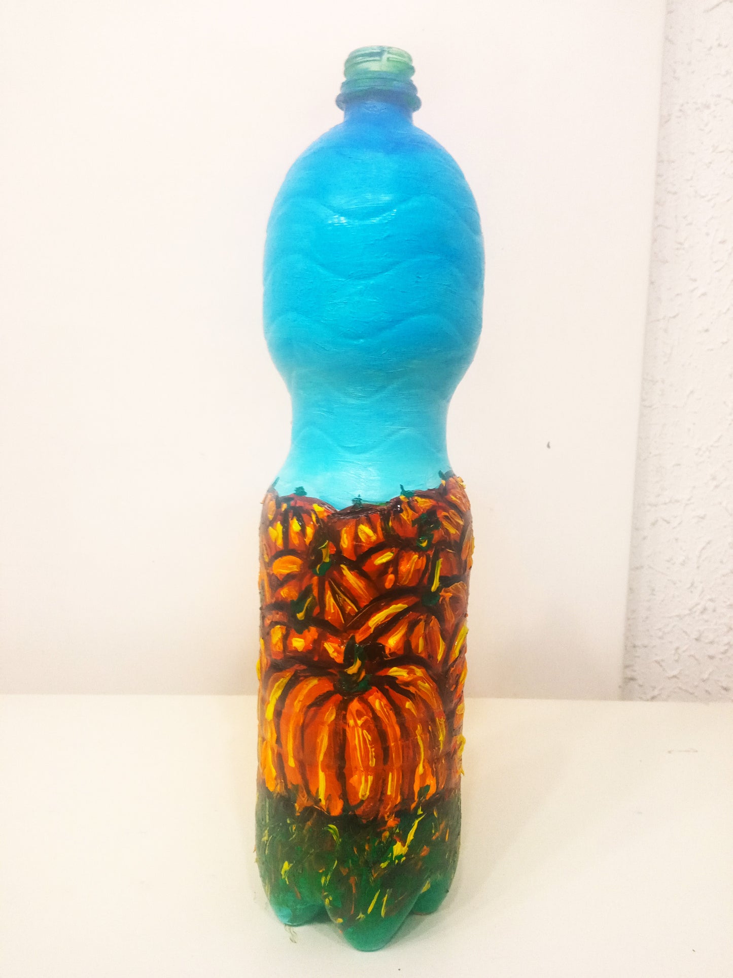 Recycled plastic bottle vase , Acrylic Painted  Pumpkin Field under Blue Sky Vase for dried flowers. 1