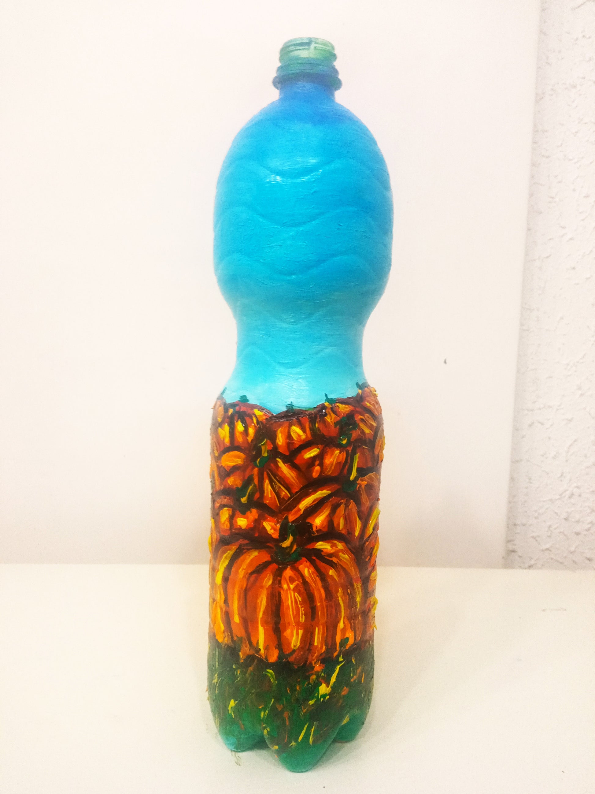 Recycled plastic bottle vase , Acrylic Painted  Pumpkin Field under Blue Sky Vase for dried flowers. 1