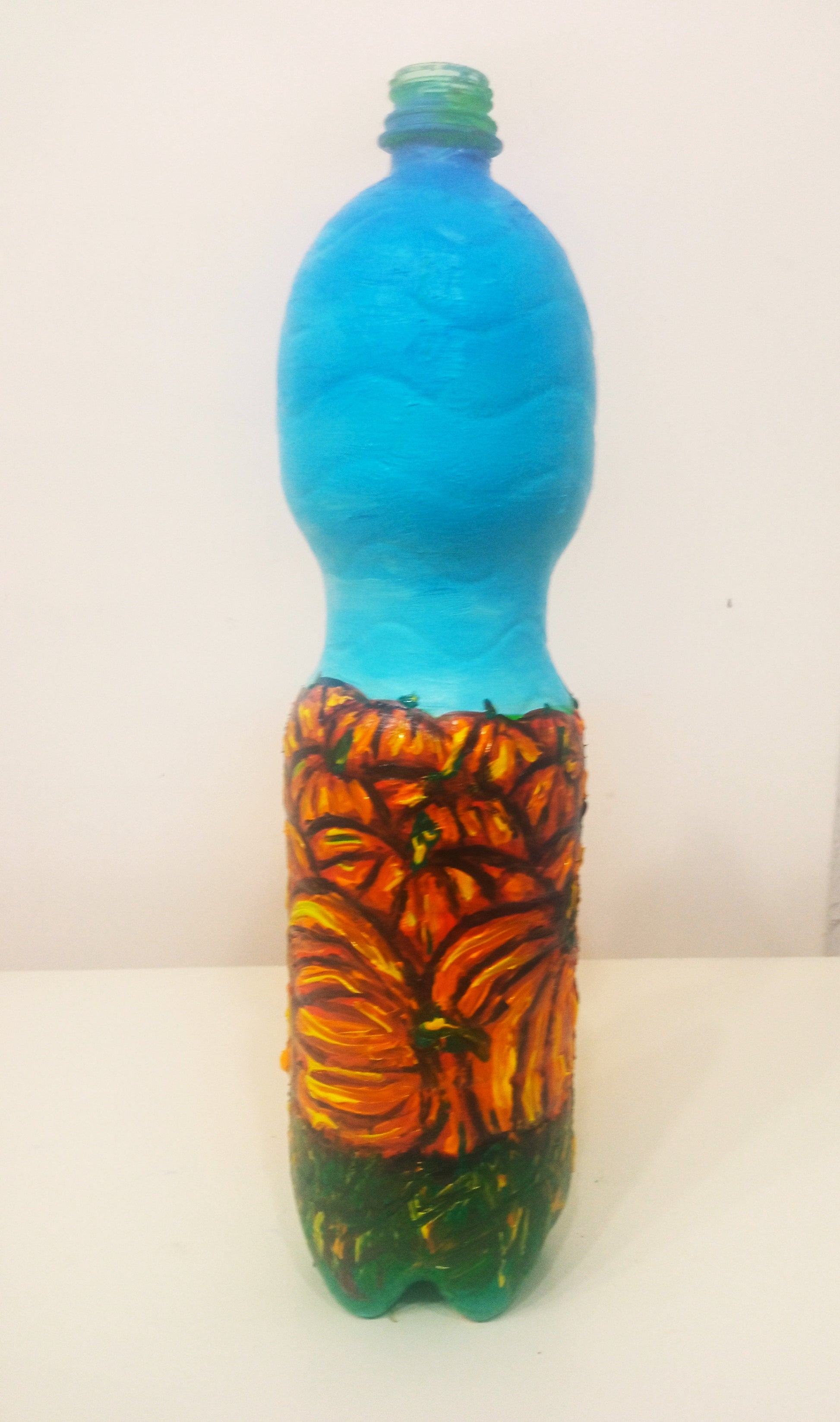 Recycled plastic bottle vase , Acrylic Painted  Pumpkin Field under Blue Sky Vase for dried flowers. 2