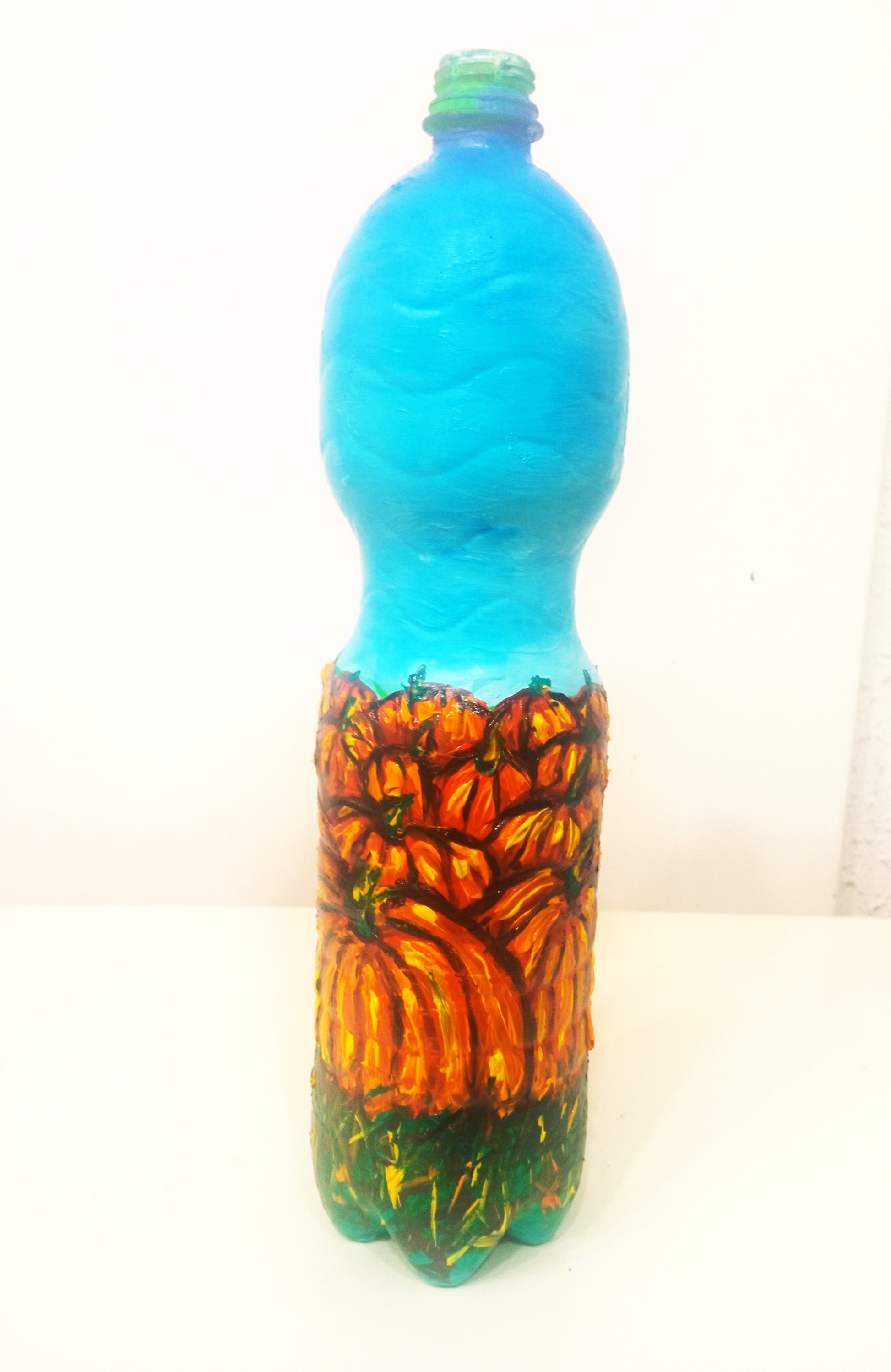 Recycled plastic bottle vase , Acrylic Painted  Pumpkin Field under Blue Sky Vase for dried flowers. 3