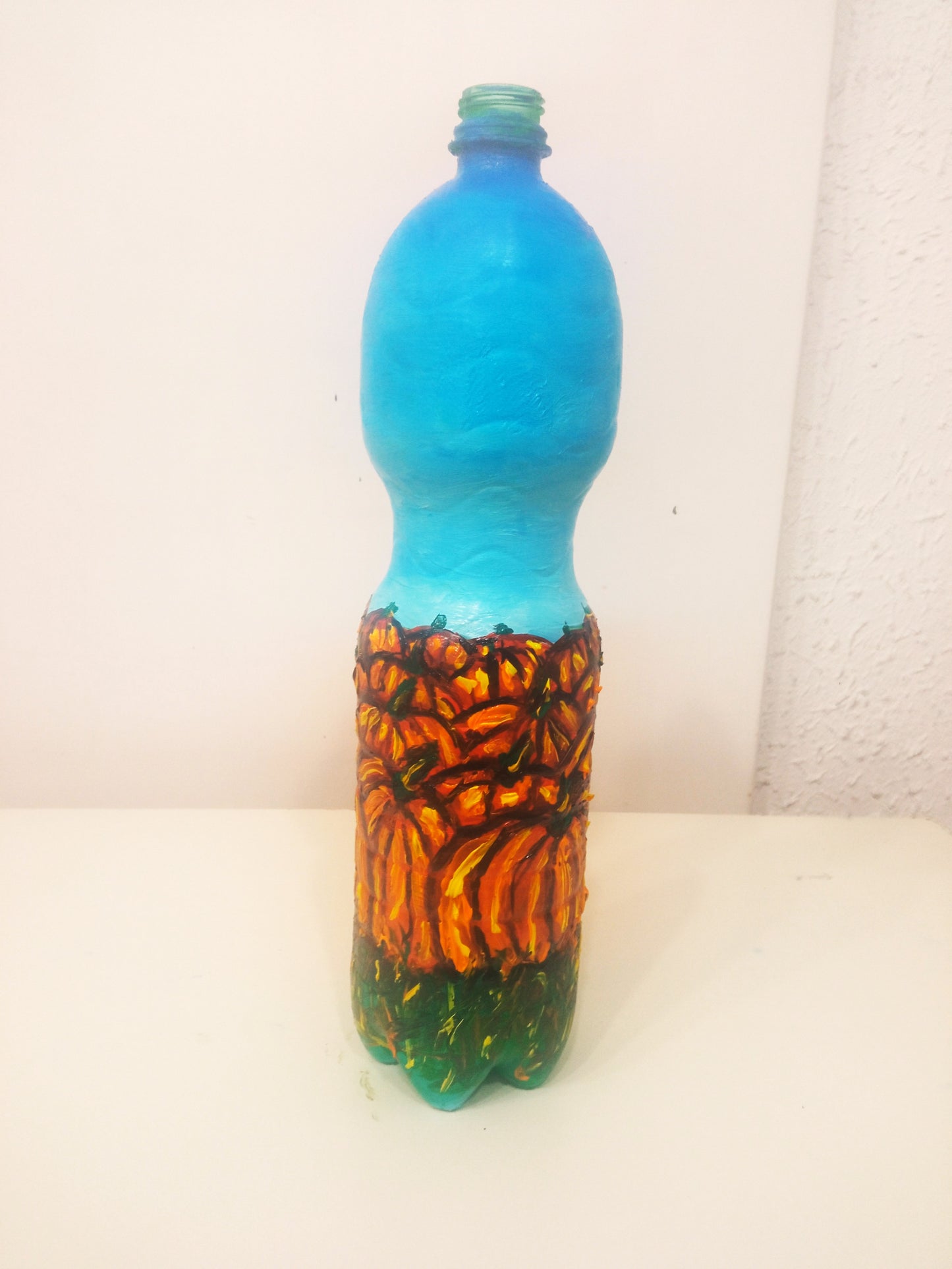 Recycled plastic bottle vase , Acrylic Painted  Pumpkin Field under Blue Sky Vase for dried flowers. 4