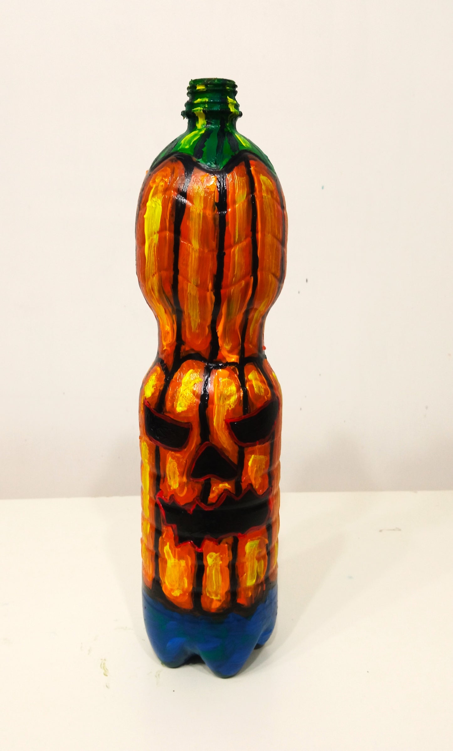 Double Face Halloween Pumpkin Figurine (Dried Flower Vase) Created out of Recycled Plastic Bottles . [Recycled Art]. Ivan Fyodorovich. Back side view