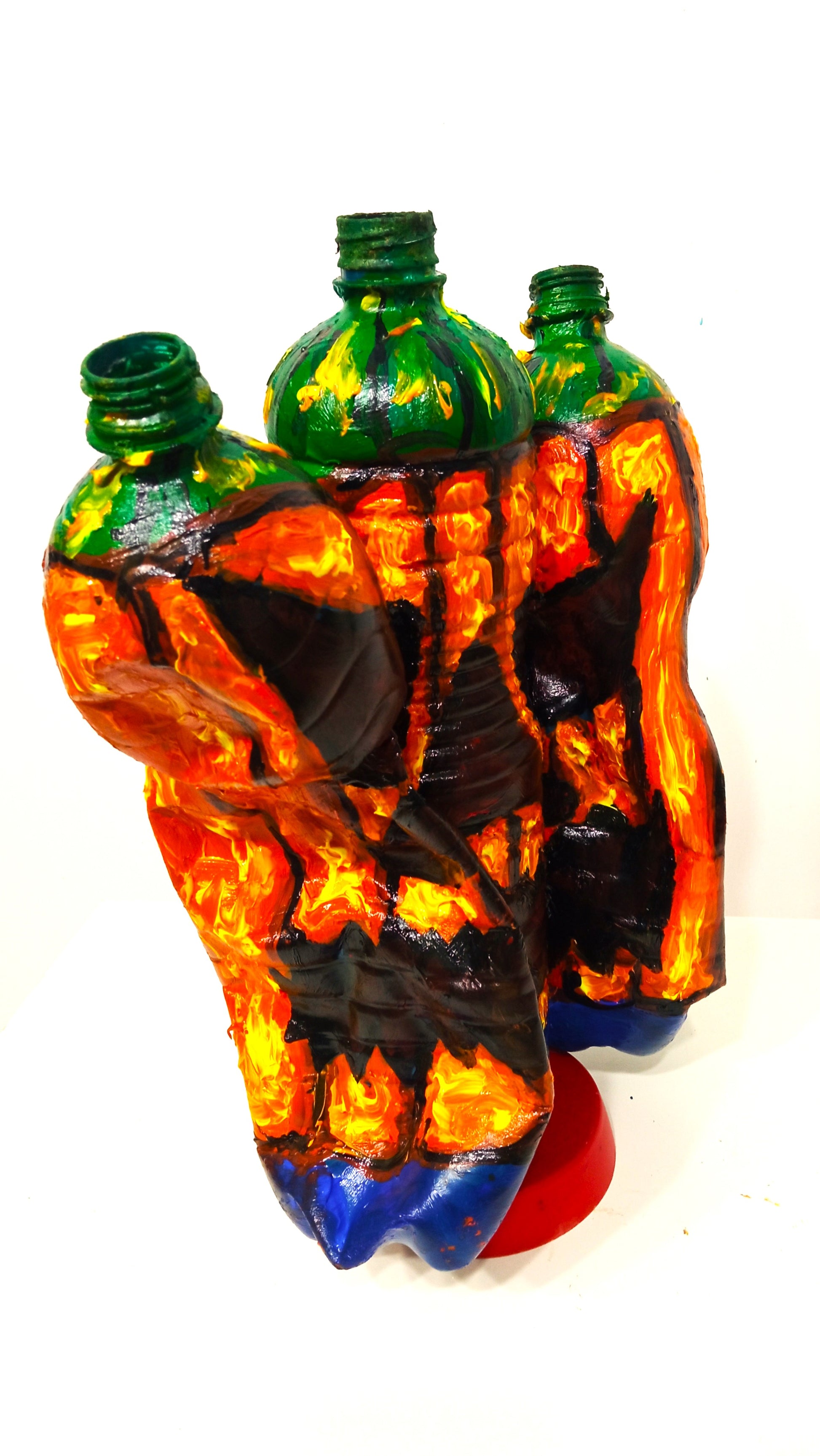 Triple Halloween Pumpkin Figurine Vase Created out of Recycled Plastic Bottles . [Recycled Art]. Ivan Fyodorovich. Left lateral view