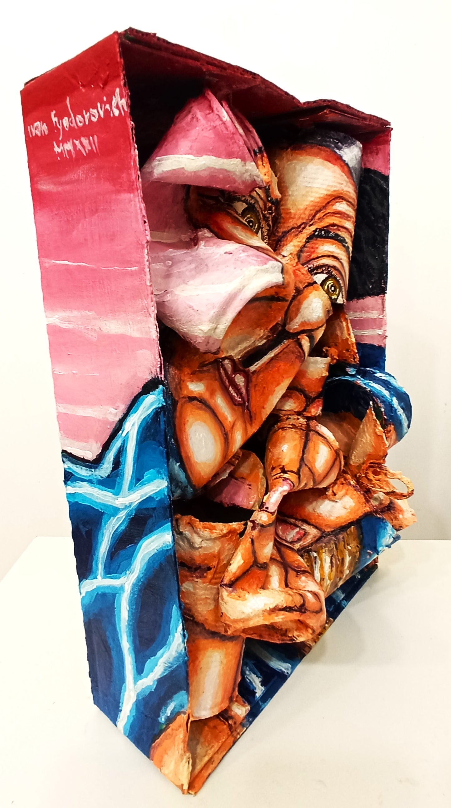 3D Portrait of a Daydreaming Man. Acrylic painting on recycled materials [Recycled Art]. Medium Left Lateral View