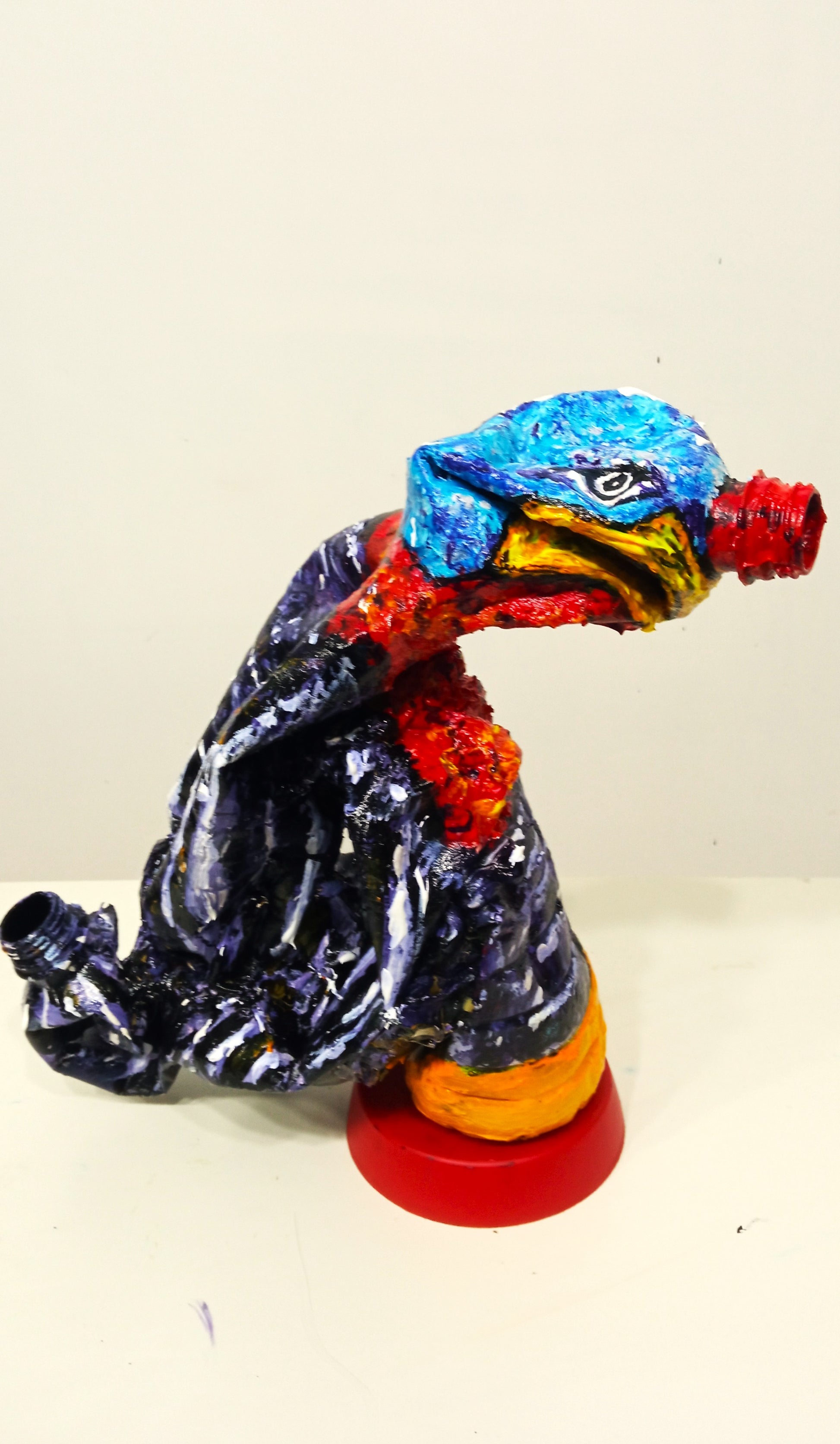 Acrylic painted Recycled plastic bottles Angry Turkey Figurine. Table top . Right side