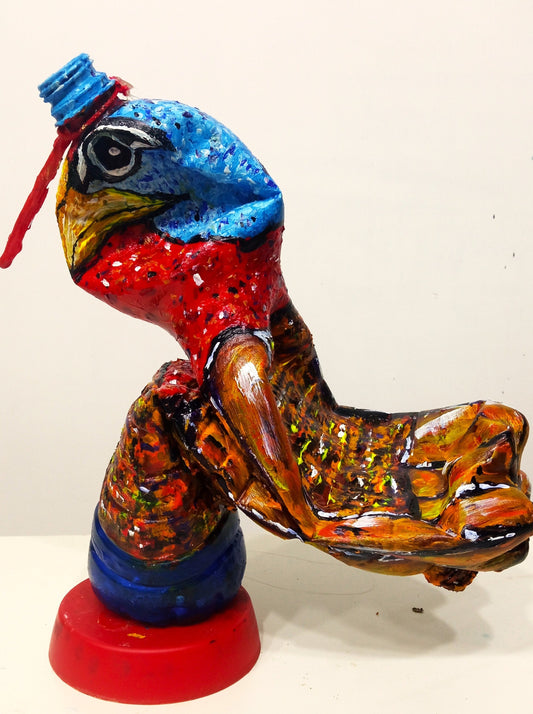 Acrylic painted Recycled plastic bottles Bad Tempered Turkey Figurine. Table top decoration [Recycled Art]. Left Side View